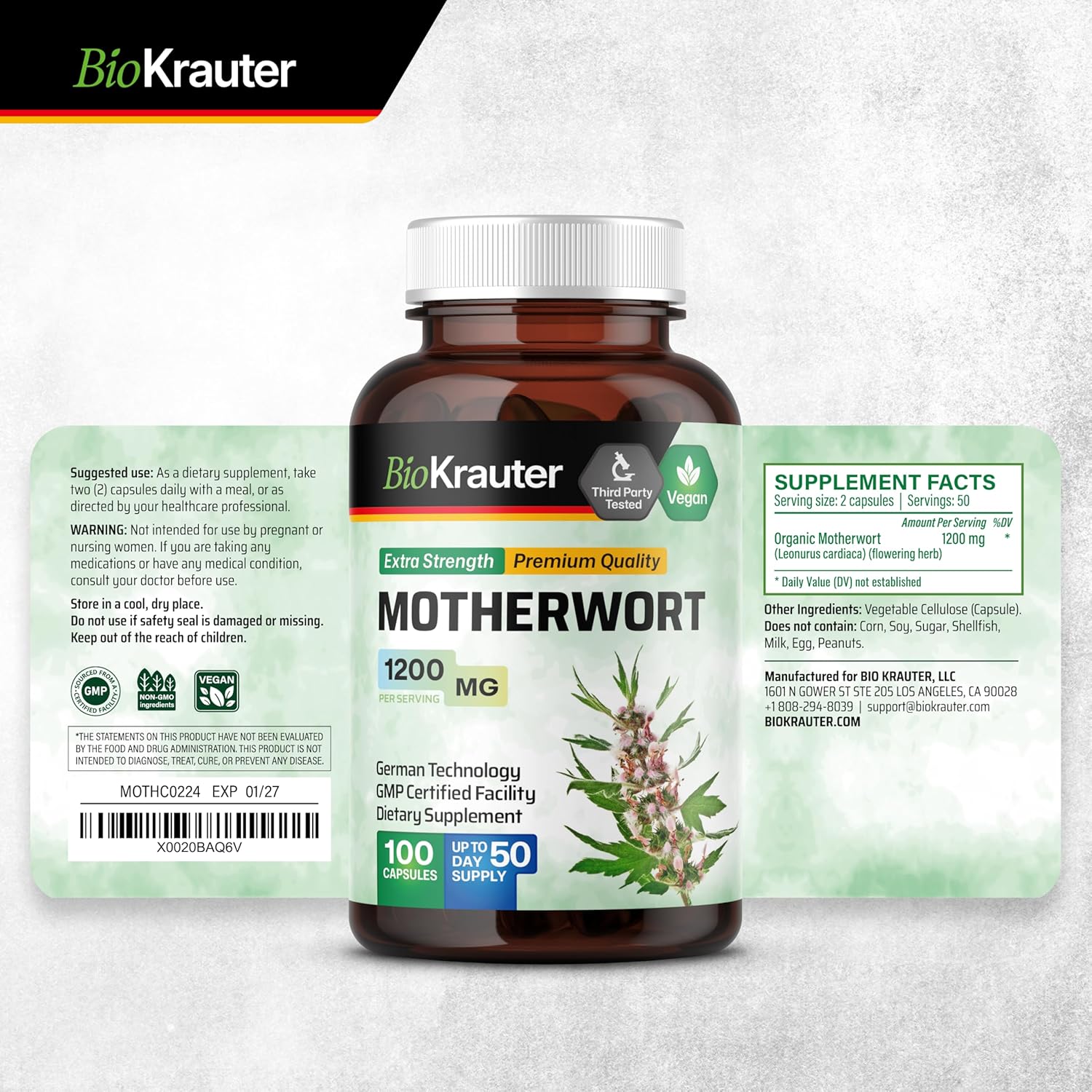 100 Motherwort Herb Supplement Capsules 1200mg - Herbal Women’s Support for Relaxation - BIO KRAUTER