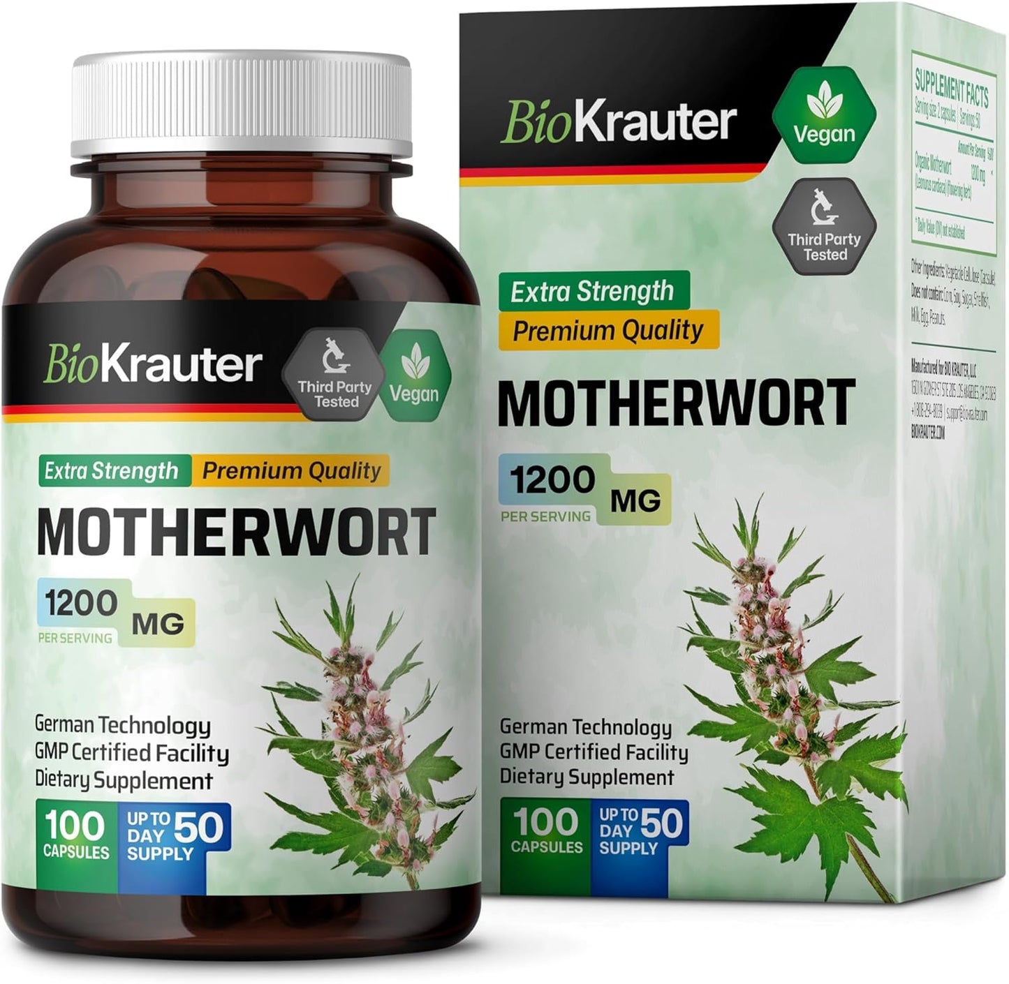 100 Motherwort Herb Supplement Capsules 1200mg - Herbal Women’s Support for Relaxation - BIO KRAUTER