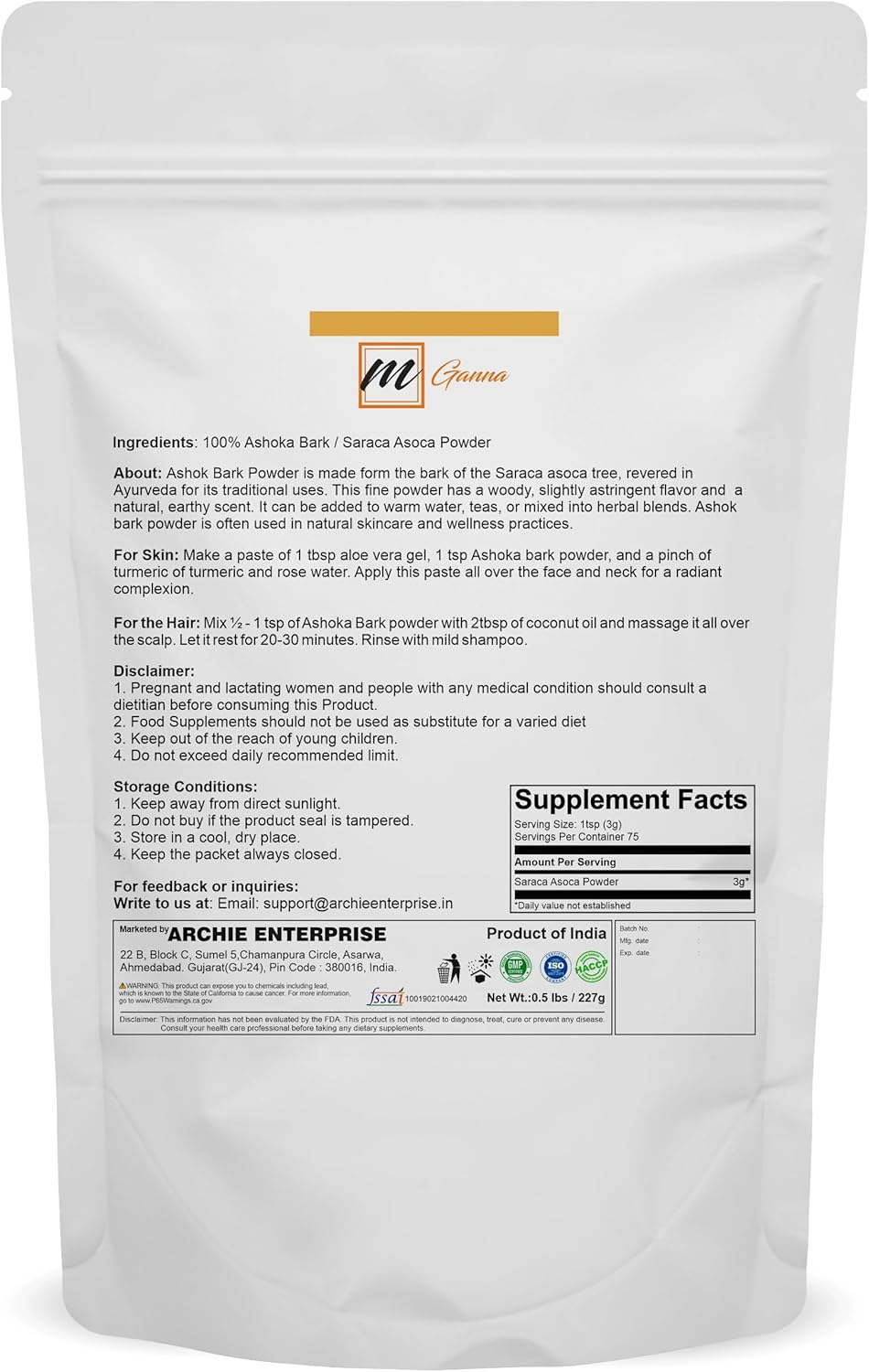 100% Natural Ashoka Bark Powder for Health and Skin Care - 0.5 LBS / 227 GMS - mGanna