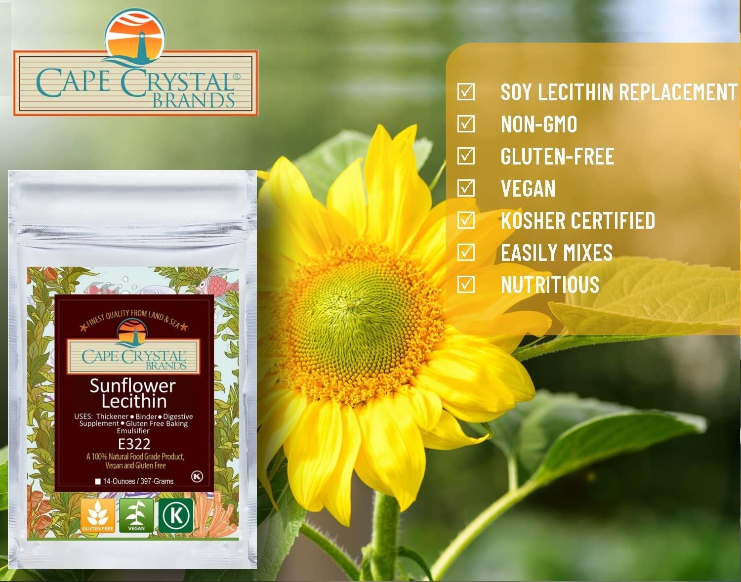 100% Natural Cape Crystal Sunflower Lecithin Powder - Vegan, Non-GMO, Gluten-Free Soy Lecithin Alternative (14-oz)
