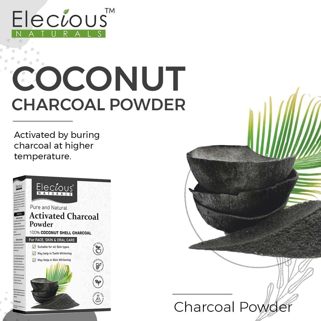 100% Natural Elecious Naturals Coconut Charcoal Powder - Detoxify Skin, Remove Dead Skin & Impurities - 200gm