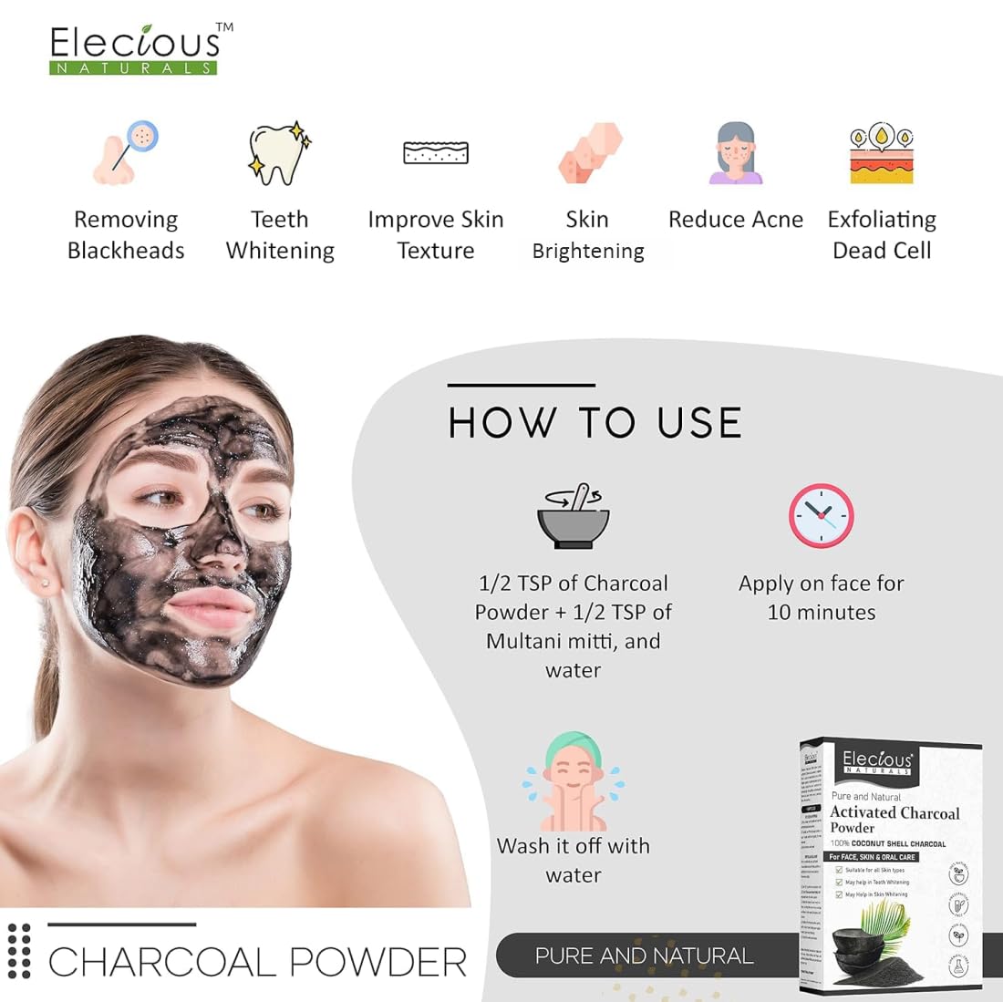 100% Natural Elecious Naturals Coconut Charcoal Powder - Detoxify Skin, Remove Dead Skin & Impurities - 200gm