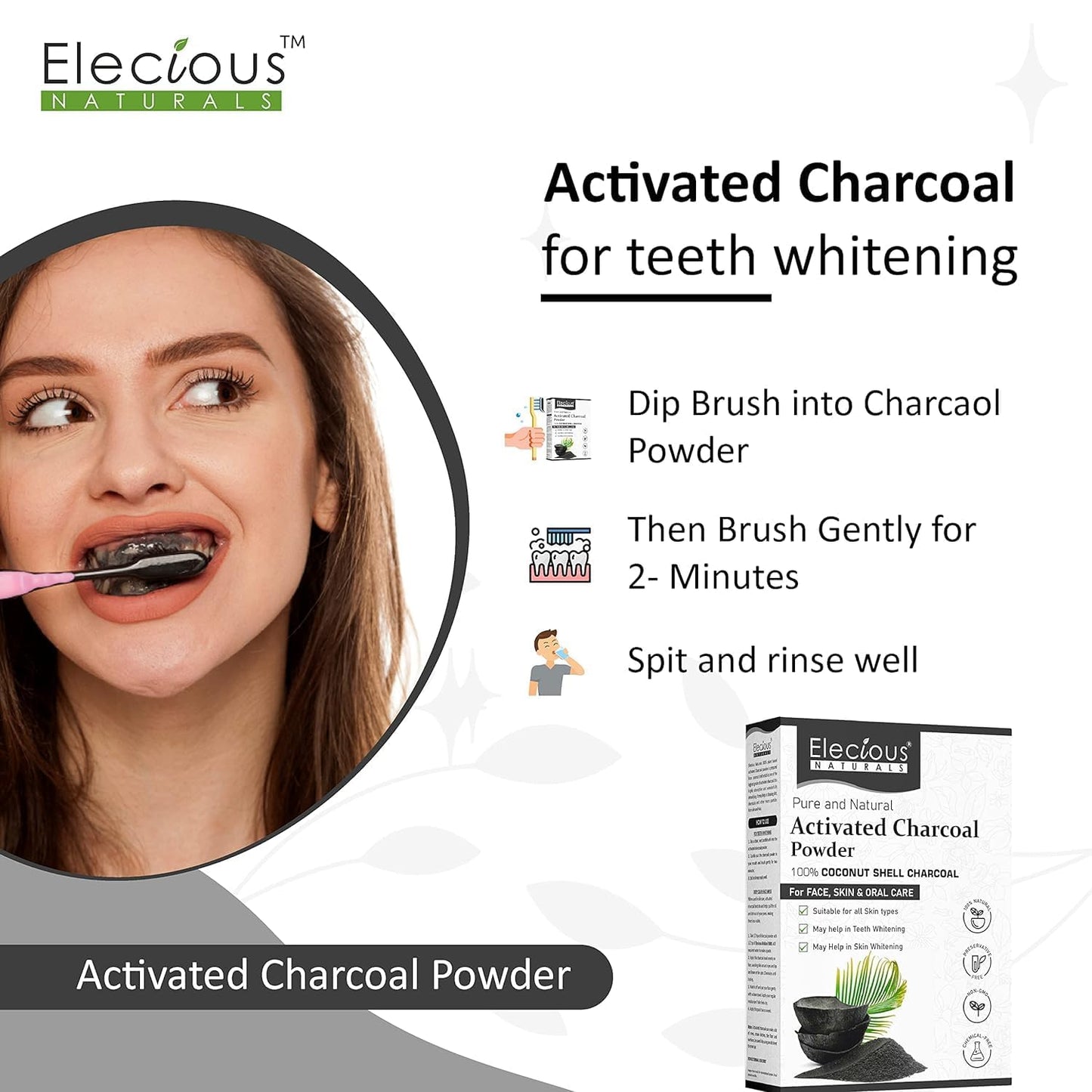 100% Natural Elecious Naturals Coconut Charcoal Powder - Detoxify Skin, Remove Dead Skin & Impurities - 200gm