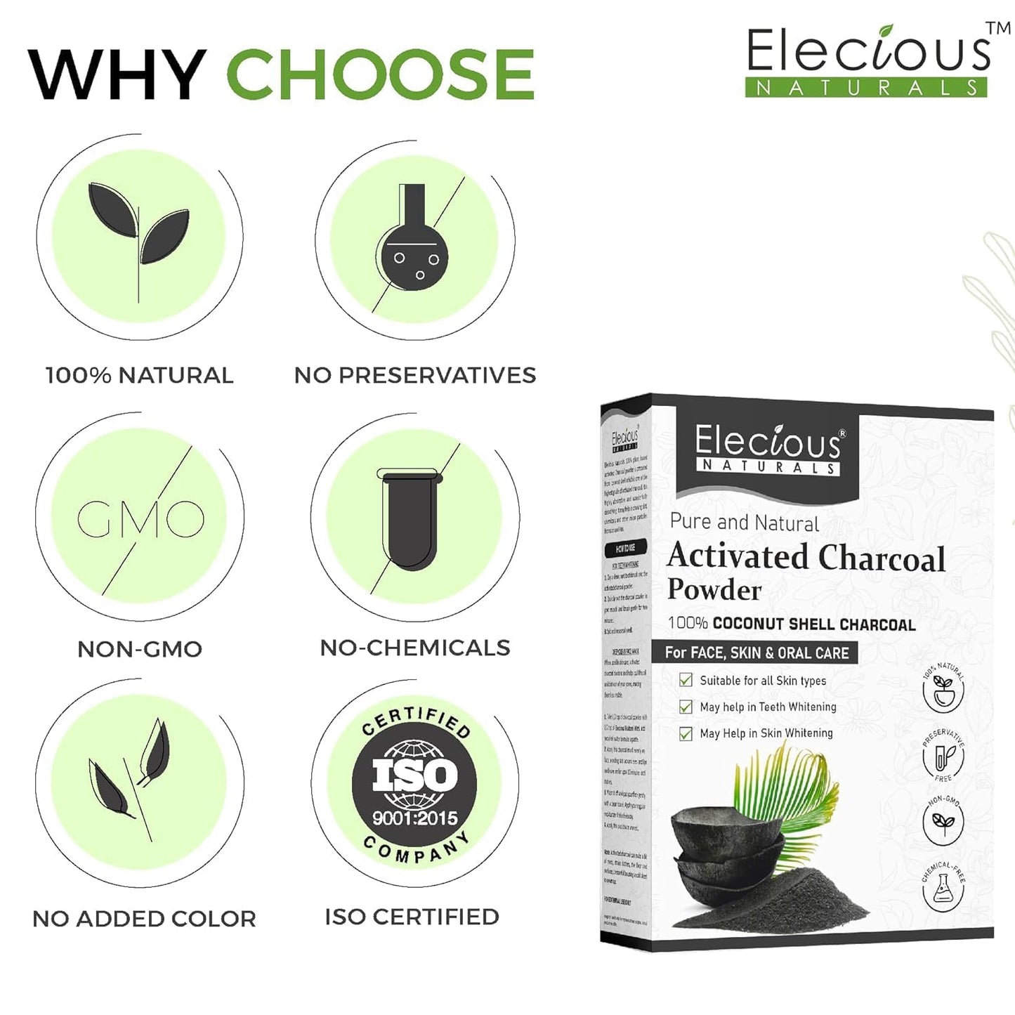 100% Natural Elecious Naturals Coconut Charcoal Powder - Detoxify Skin, Remove Dead Skin & Impurities - 200gm