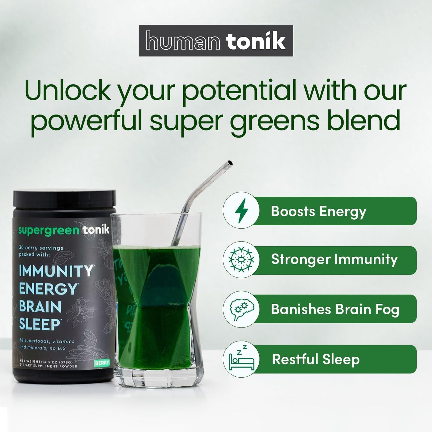 100% Natural Greens Superfood Powder - Boost Energy, Reduce Stress, and Support Immunity - 38 Superfoods, Vitamins, Minerals - Berry Flavor - 30 Days Supply - 3 Tubs - 360 Grams