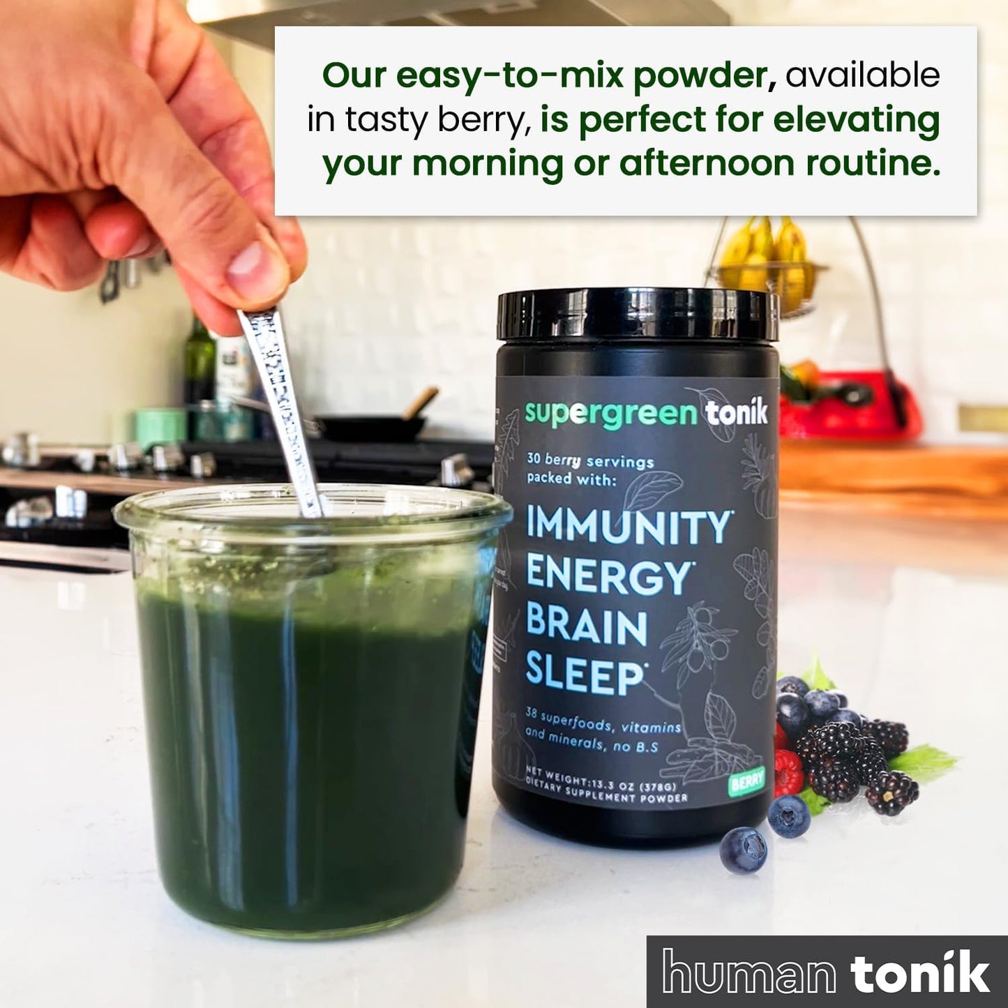 100% Natural Greens Superfood Powder - Boost Energy, Reduce Stress, and Support Immunity - 38 Superfoods, Vitamins, Minerals - Berry Flavor - 30 Days Supply - 3 Tubs - 360 Grams