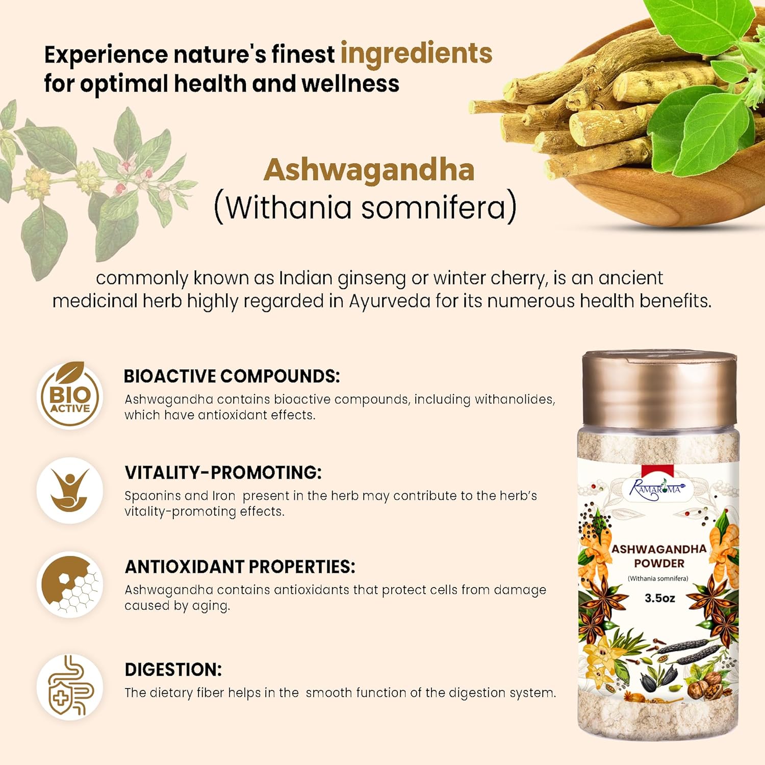 100% Natural Organic Ashwagandha Powder - Vegan, Gluten-Free, Kosher, Non-GMO, Uplift Mood - Herbal Supplement - 8oz