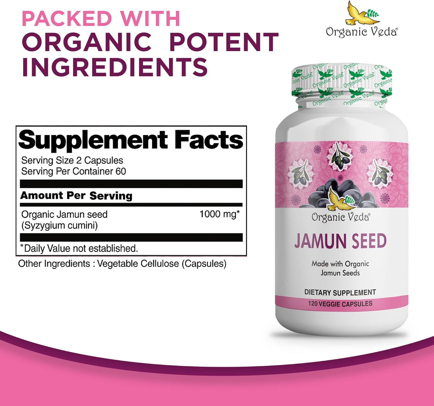 100% Natural Organic Jamun Seed Capsules for Soft Radiant Skin & Energy - 120 Count - US FDA Registered