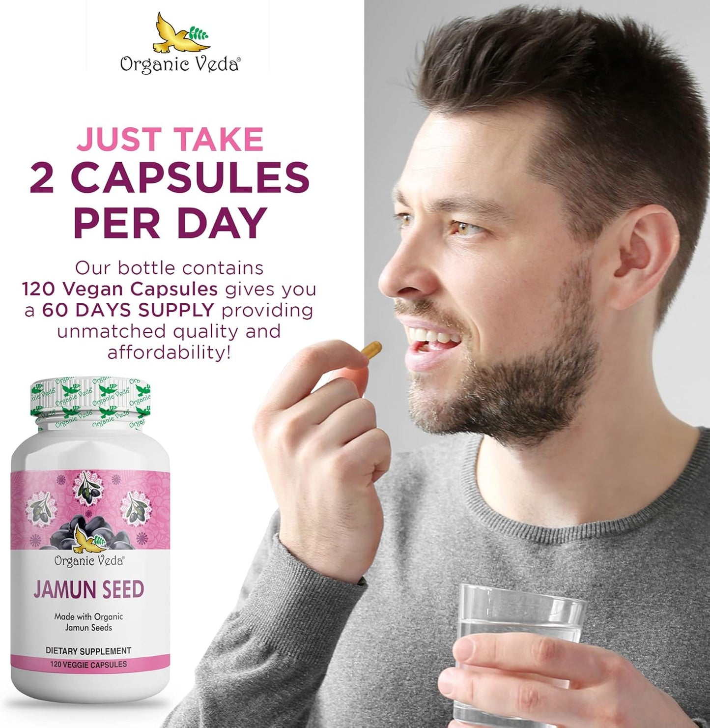 100% Natural Organic Jamun Seed Capsules for Soft Radiant Skin & Energy - 120 Count - US FDA Registered