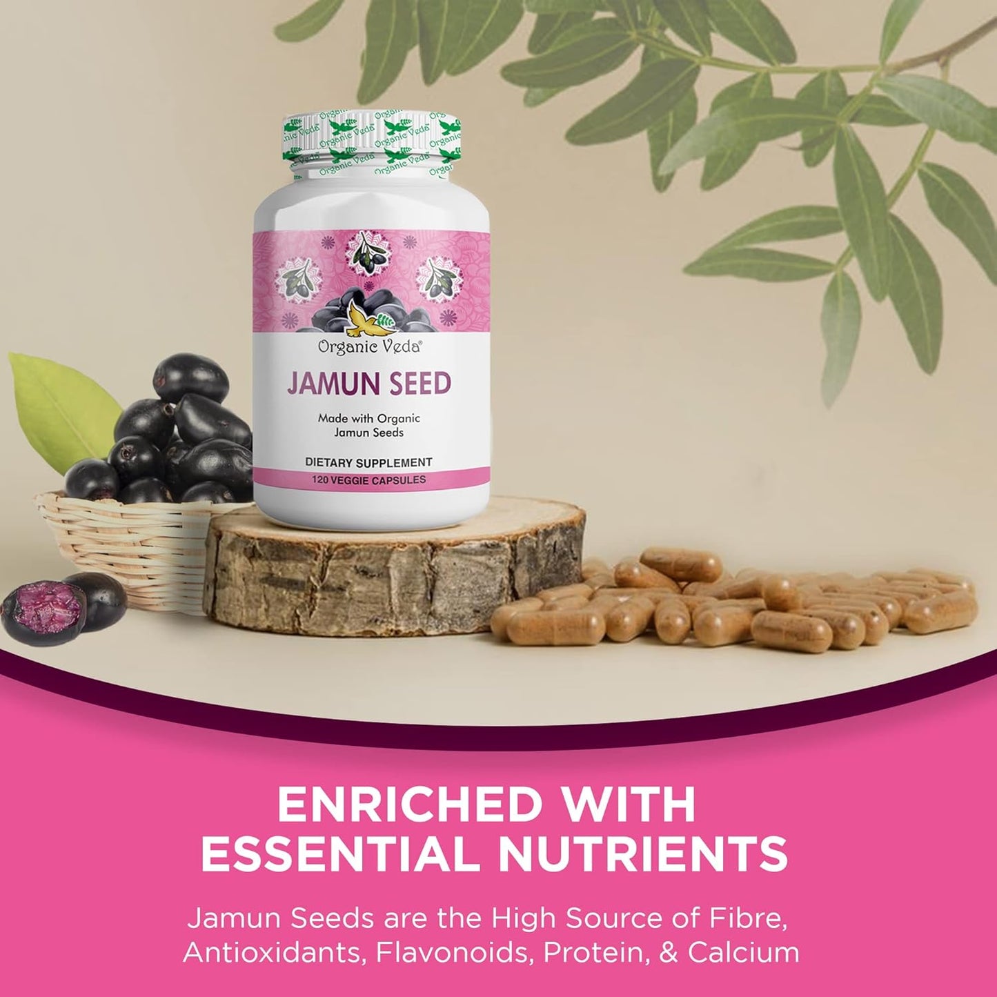 100% Natural Organic Jamun Seed Capsules for Soft Radiant Skin & Energy - 120 Count - US FDA Registered