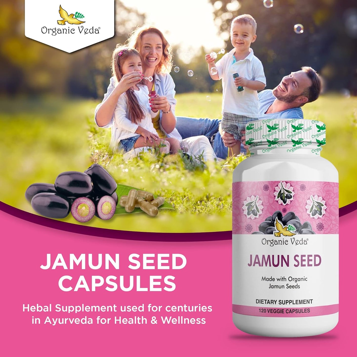 100% Natural Organic Jamun Seed Capsules for Soft Radiant Skin & Energy - 120 Count - US FDA Registered