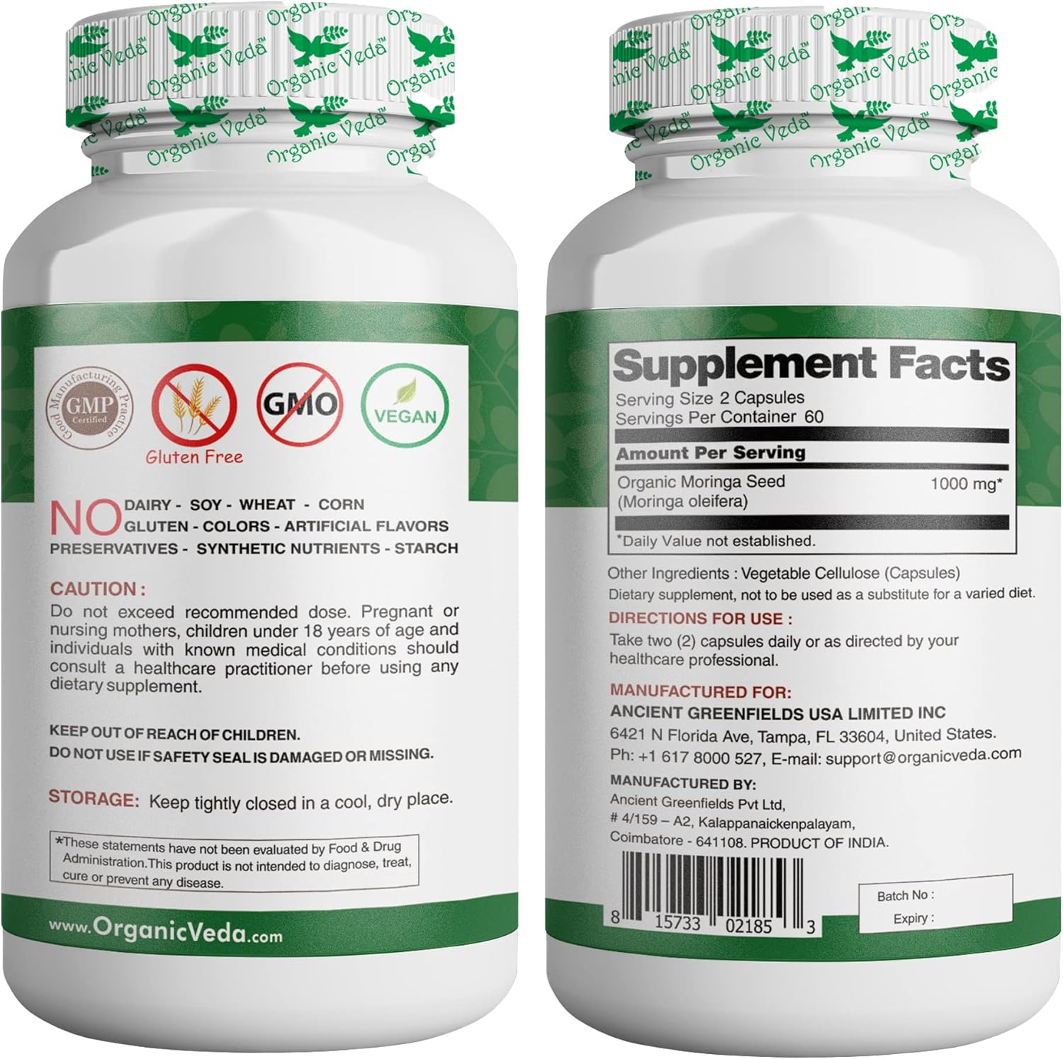 100% Natural Organic Veda Moringa Seed Capsules - 1000mg - Rich in Nutrients, Antioxidants, Vitamins, Minerals - Supports Glowing Skin, Immunity, Energy - Non-GMO - 120 Count