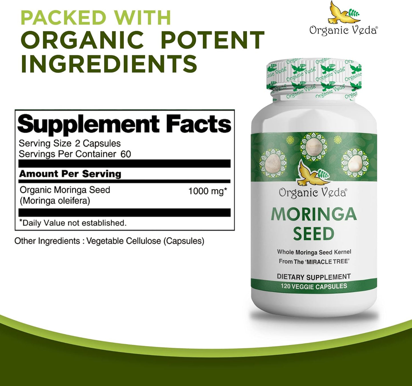 100% Natural Organic Veda Moringa Seed Capsules - 1000mg - Rich in Nutrients, Antioxidants, Vitamins, Minerals - Supports Glowing Skin, Immunity, Energy - Non-GMO - 120 Count