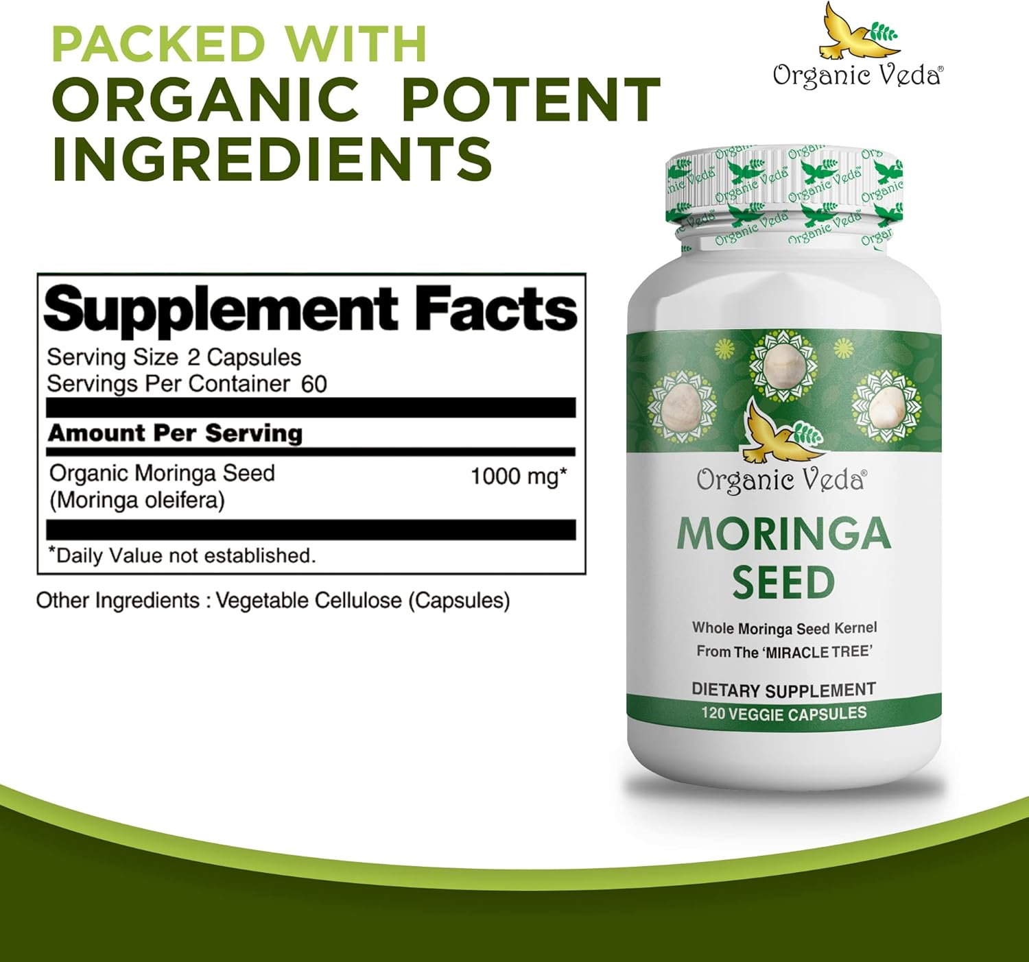 100% Natural Organic Veda Moringa Seed Capsules - 1000mg - Rich in Nutrients, Antioxidants, Vitamins, Minerals - Supports Glowing Skin, Immunity, Energy - Non-GMO - 120 Count