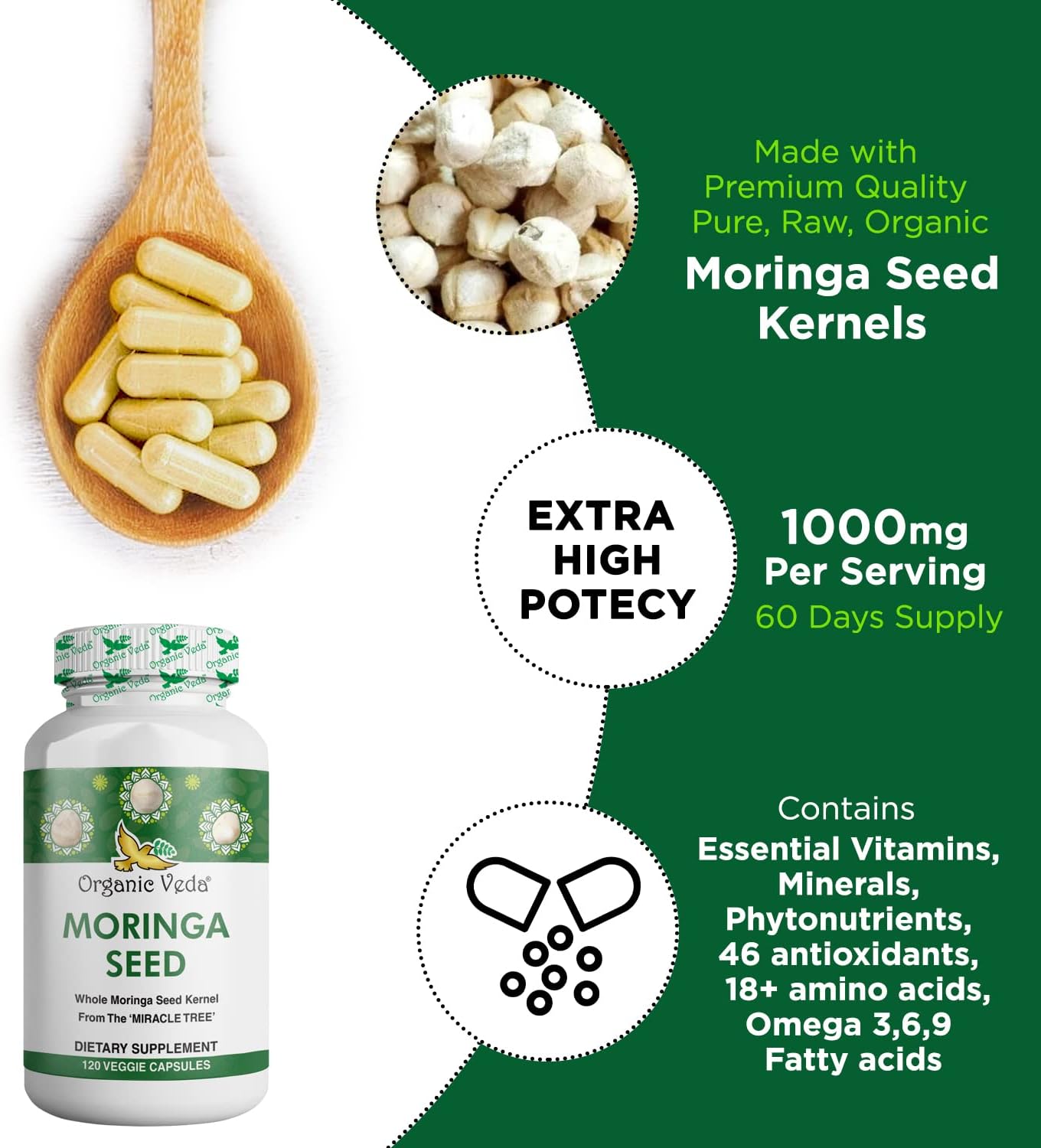100% Natural Organic Veda Moringa Seed Capsules - 1000mg - Rich in Nutrients, Antioxidants, Vitamins, Minerals - Supports Glowing Skin, Immunity, Energy - Non-GMO - 120 Count