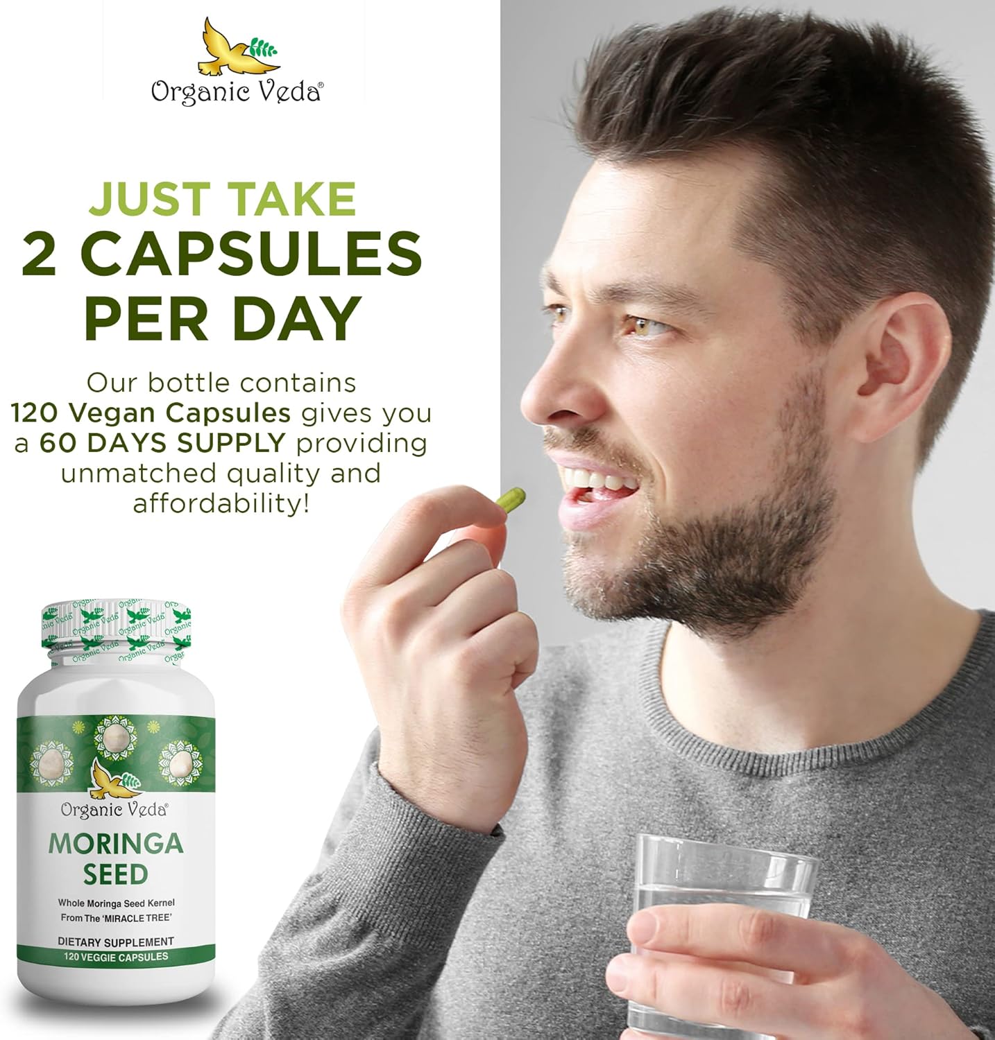 100% Natural Organic Veda Moringa Seed Capsules - 1000mg - Rich in Nutrients, Antioxidants, Vitamins, Minerals - Supports Glowing Skin, Immunity, Energy - Non-GMO - 120 Count