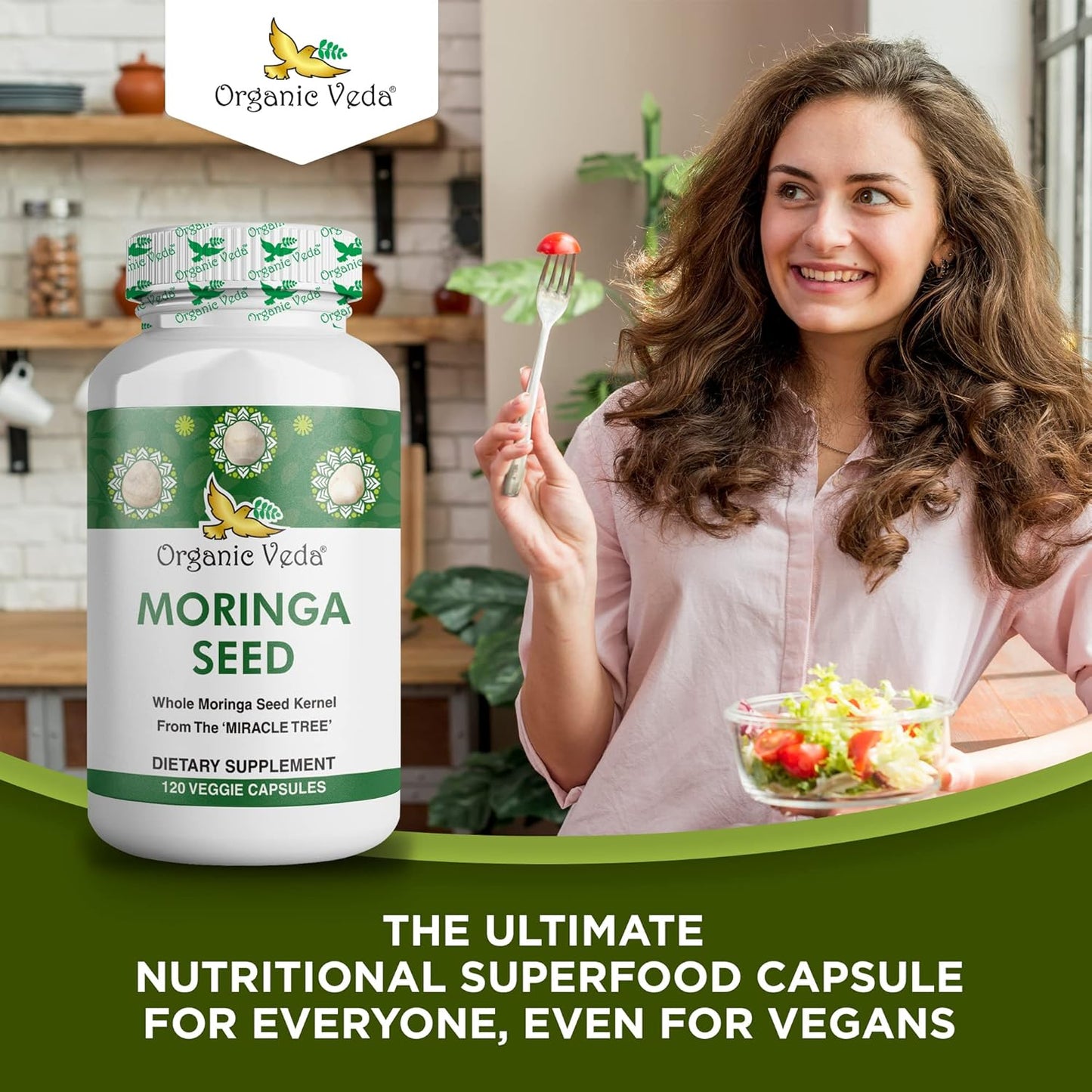 100% Natural Organic Veda Moringa Seed Capsules - 1000mg - Rich in Nutrients, Antioxidants, Vitamins, Minerals - Supports Glowing Skin, Immunity, Energy - Non-GMO - 120 Count