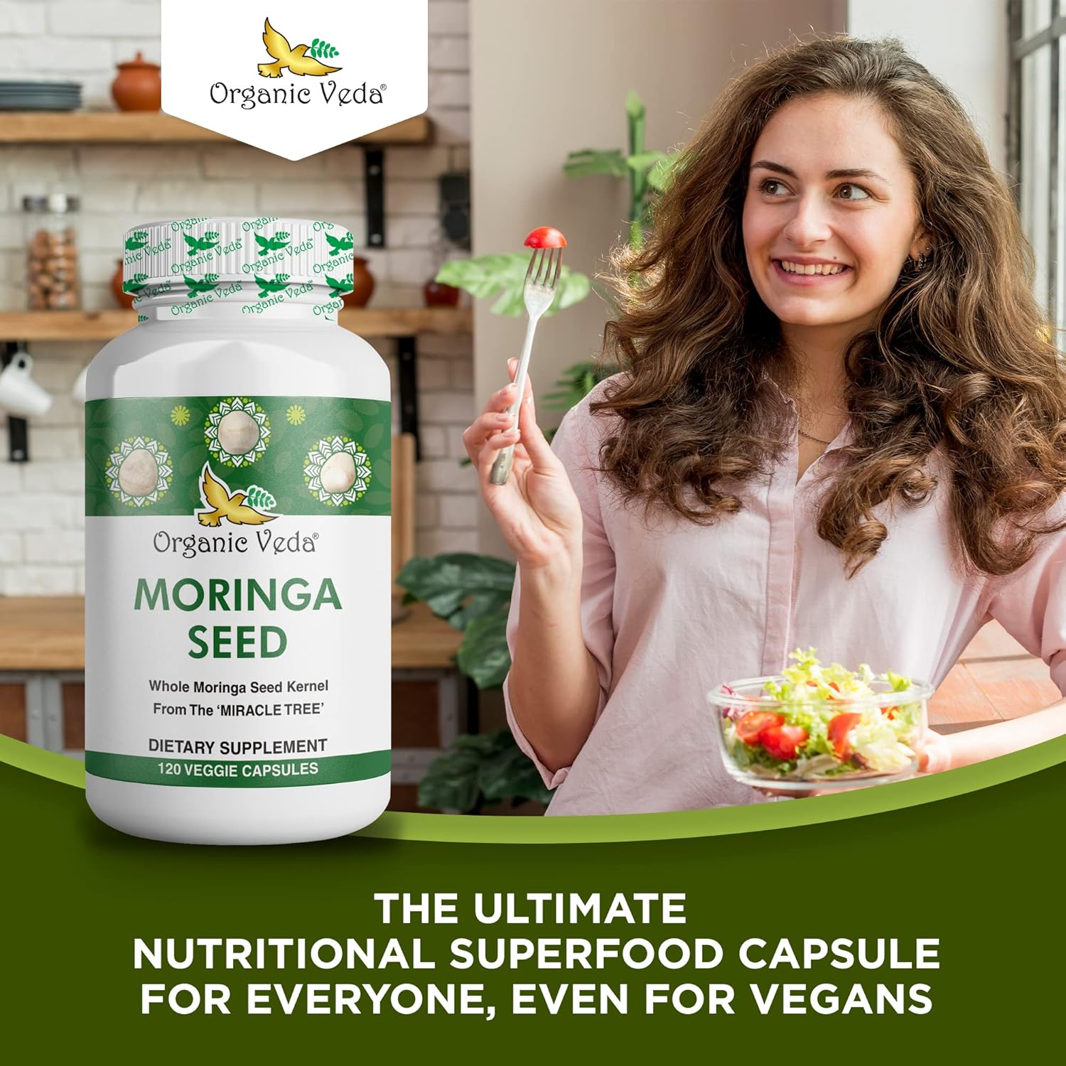 100% Natural Organic Veda Moringa Seed Capsules - 1000mg - Rich in Nutrients, Antioxidants, Vitamins, Minerals - Supports Glowing Skin, Immunity, Energy - Non-GMO - 120 Count