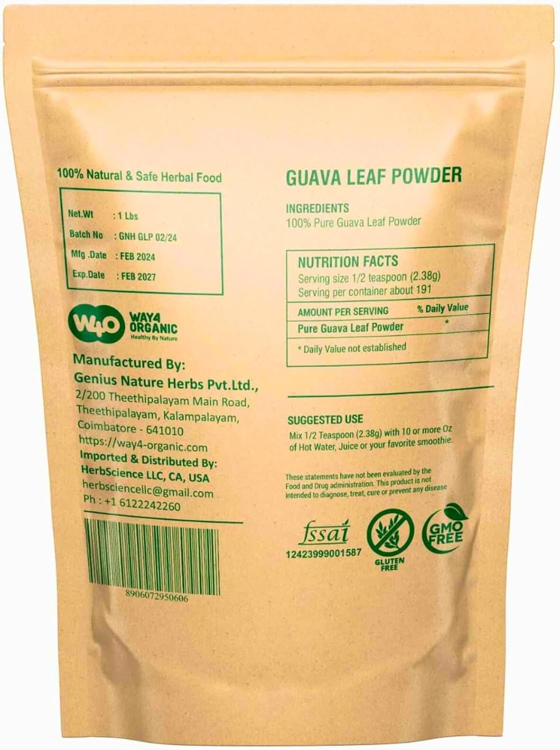 100% Natural W4O Guava Leaf Powder for Hair, Skin, and Nails - Organic Guava Leaf Tea for Hair Re-Growth - No Preservatives - Pack of 1