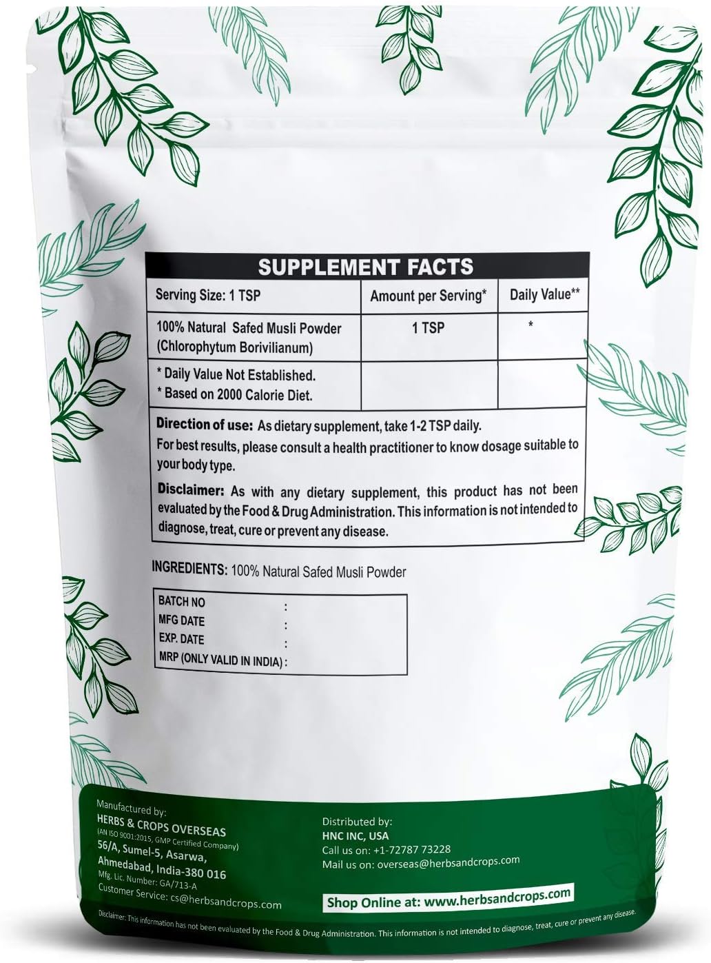 100% Natural Wild Safed Musli Powder - Chlorphytum Borivillianum Herbal Supplement 227g - FDA Approved Processing Facility