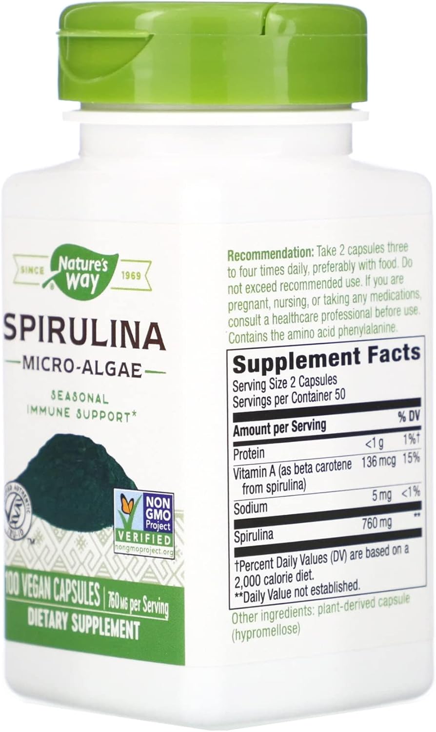 100 Nature's Way Spirulina Micro-Algae Capsules - 380 mg Vegan Supplement
