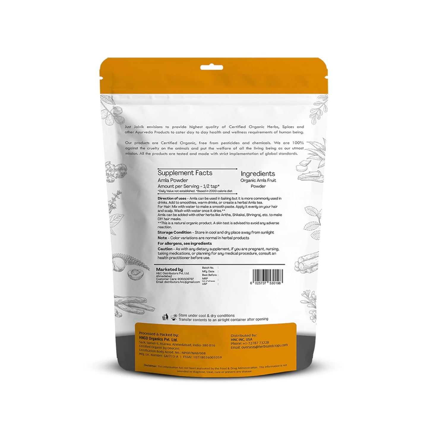 100% Organic Amla Powder - 227 gms - Indian Gooseberry - USDA Certified Herb by OneCert Asia