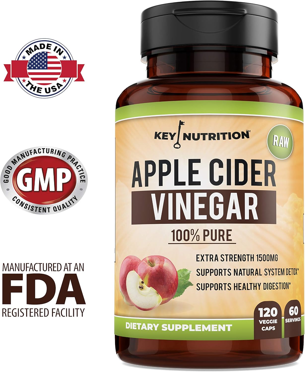 100% Organic Apple Cider Vinegar 1500mg - Pure & Raw for Healthy Digestion - Detox Support - 60 Day Supply