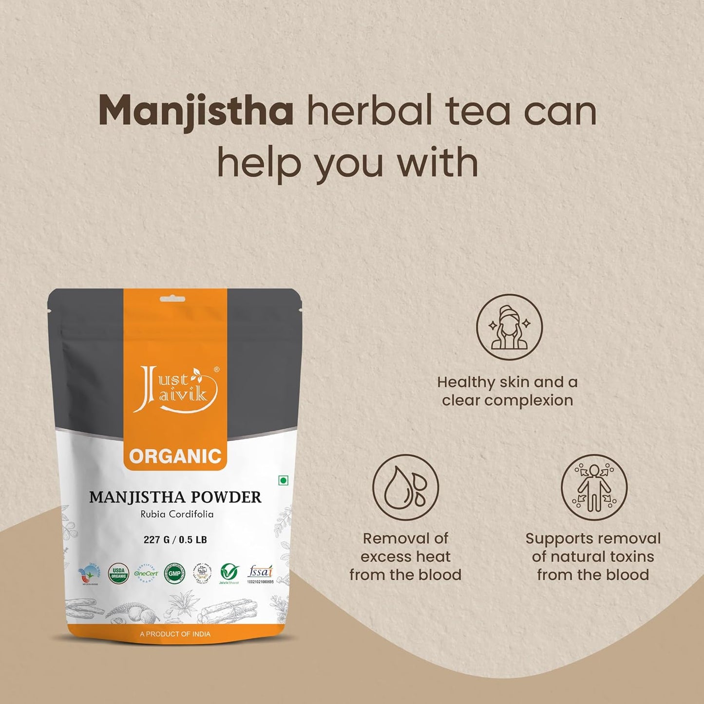 100% Organic Manjistha Powder - Certified by OneCert Asia - 227g/1/2LB - Rubia cordifolia for Healthy Skin - USDA Organic Certified