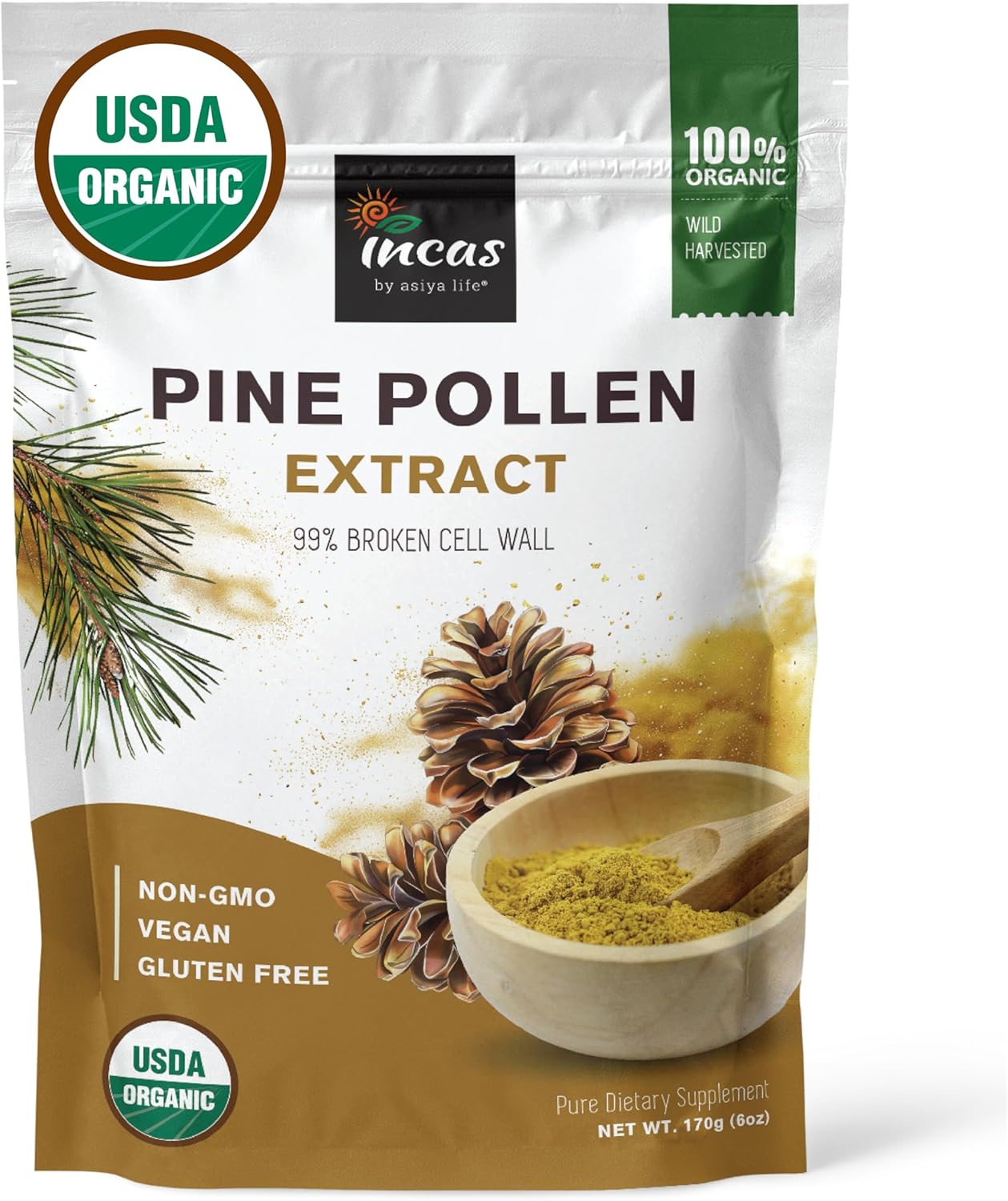 100% Organic Pine Pollen Powder by Asiya Life - 6 oz - Non GMO - Wild Harvested - Energy & Immune Support - No Fillers
