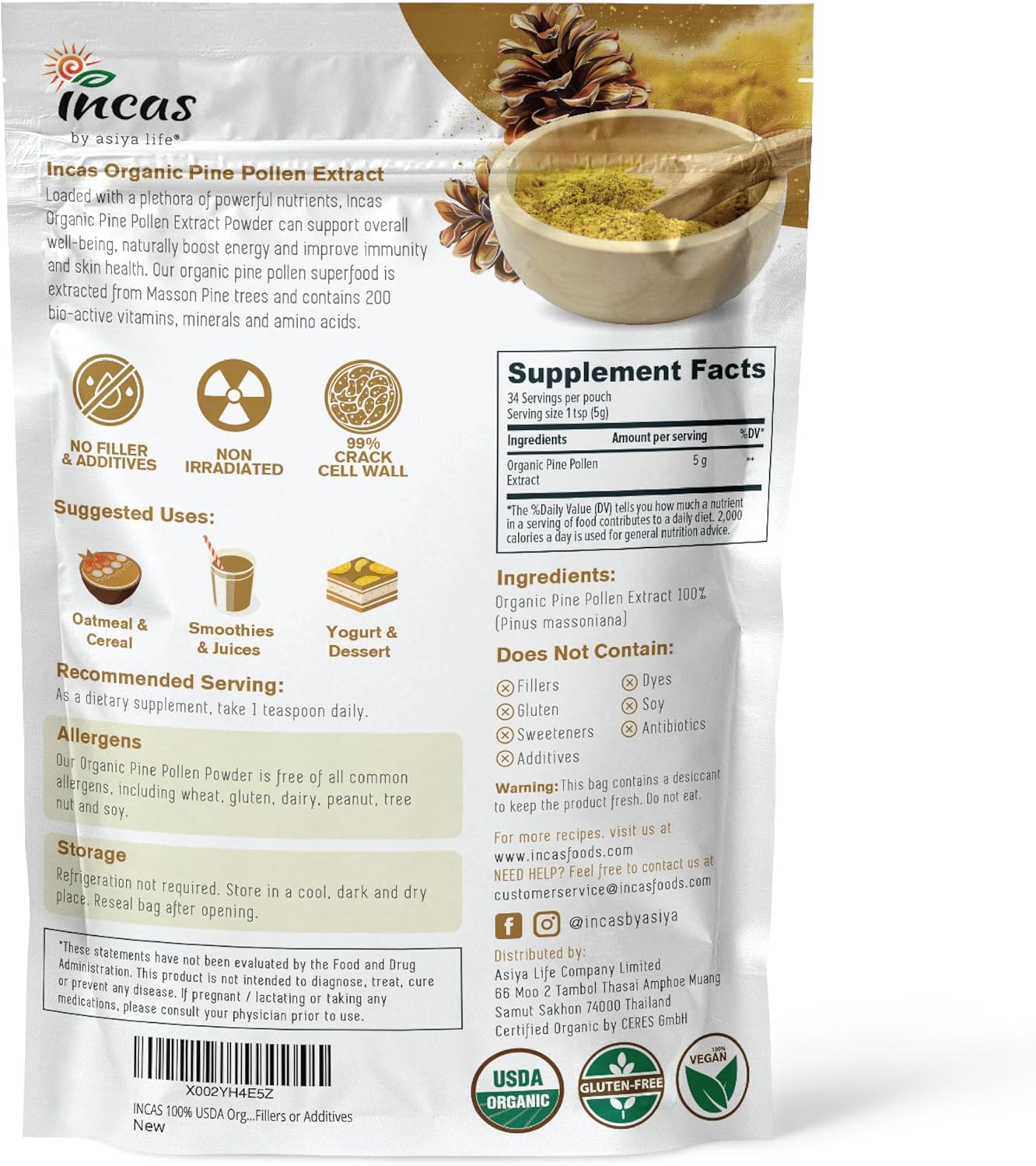 100% Organic Pine Pollen Powder by Asiya Life - 6 oz - Non GMO - Wild Harvested - Energy & Immune Support - No Fillers