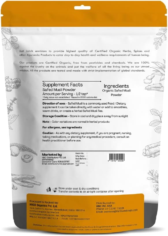 100% Organic Safed Musli Powder - Chlorophytum Borivilianum 227g (8oz) - FDA Registered Facility - Natural Health Supplement