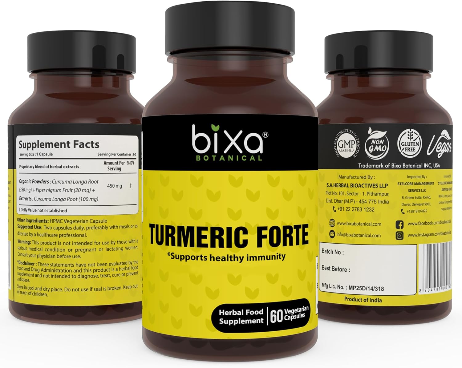100% Pure Bixa Botanical Turmeric Forte Capsules - Ayurvedic Herbal Supplement (450mg, 60 Veg Capsules)