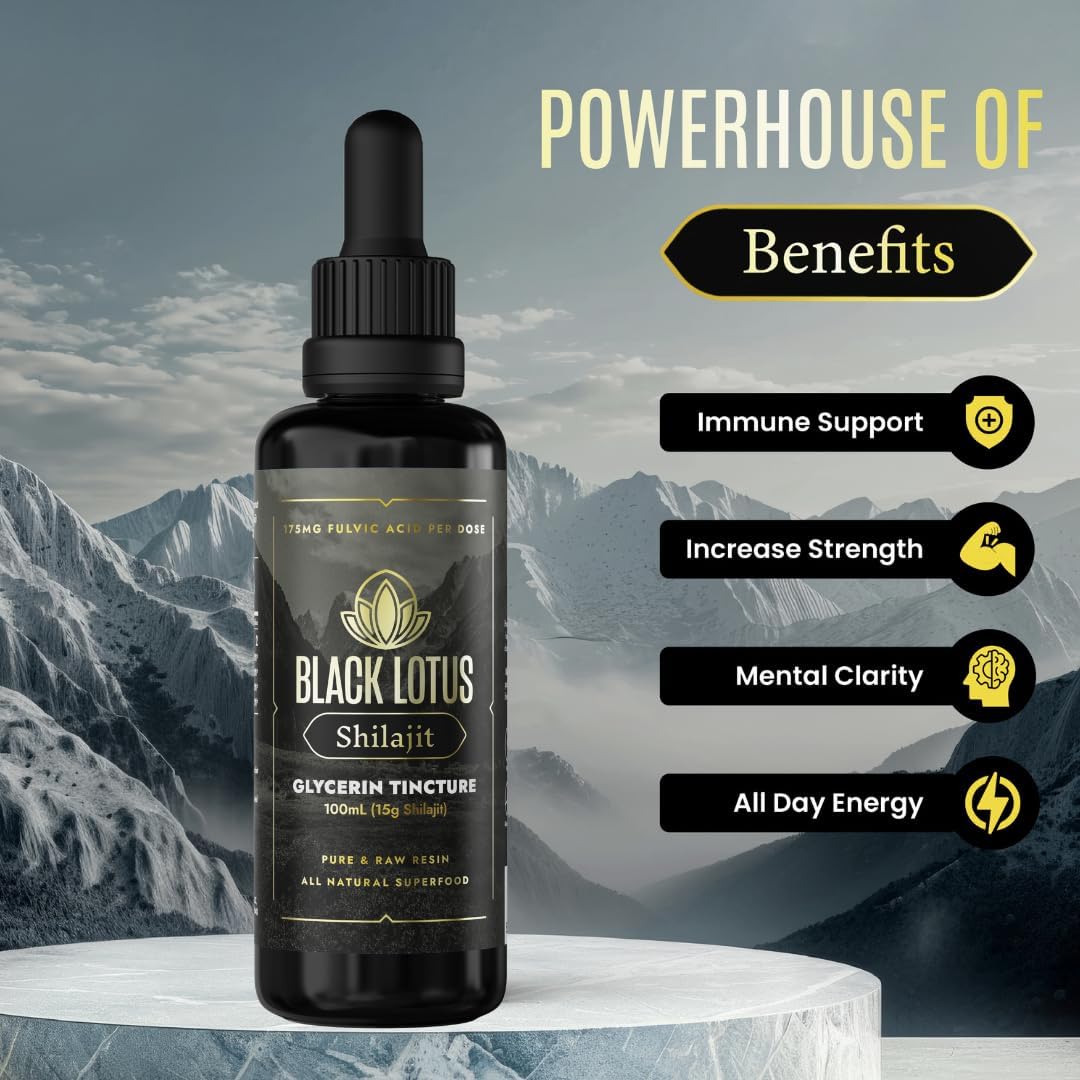 100% Pure Black Lotus Shilajit Resin Tincture - 100ml Liquid with Amino Acids, Fulvic Acid, Trace Minerals - Immune Support & Energy Boost for Men & Women