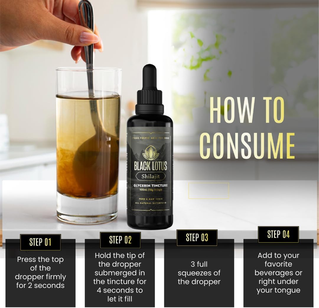 100% Pure Black Lotus Shilajit Resin Tincture - 100ml Liquid with Amino Acids, Fulvic Acid, Trace Minerals - Immune Support & Energy Boost for Men & Women