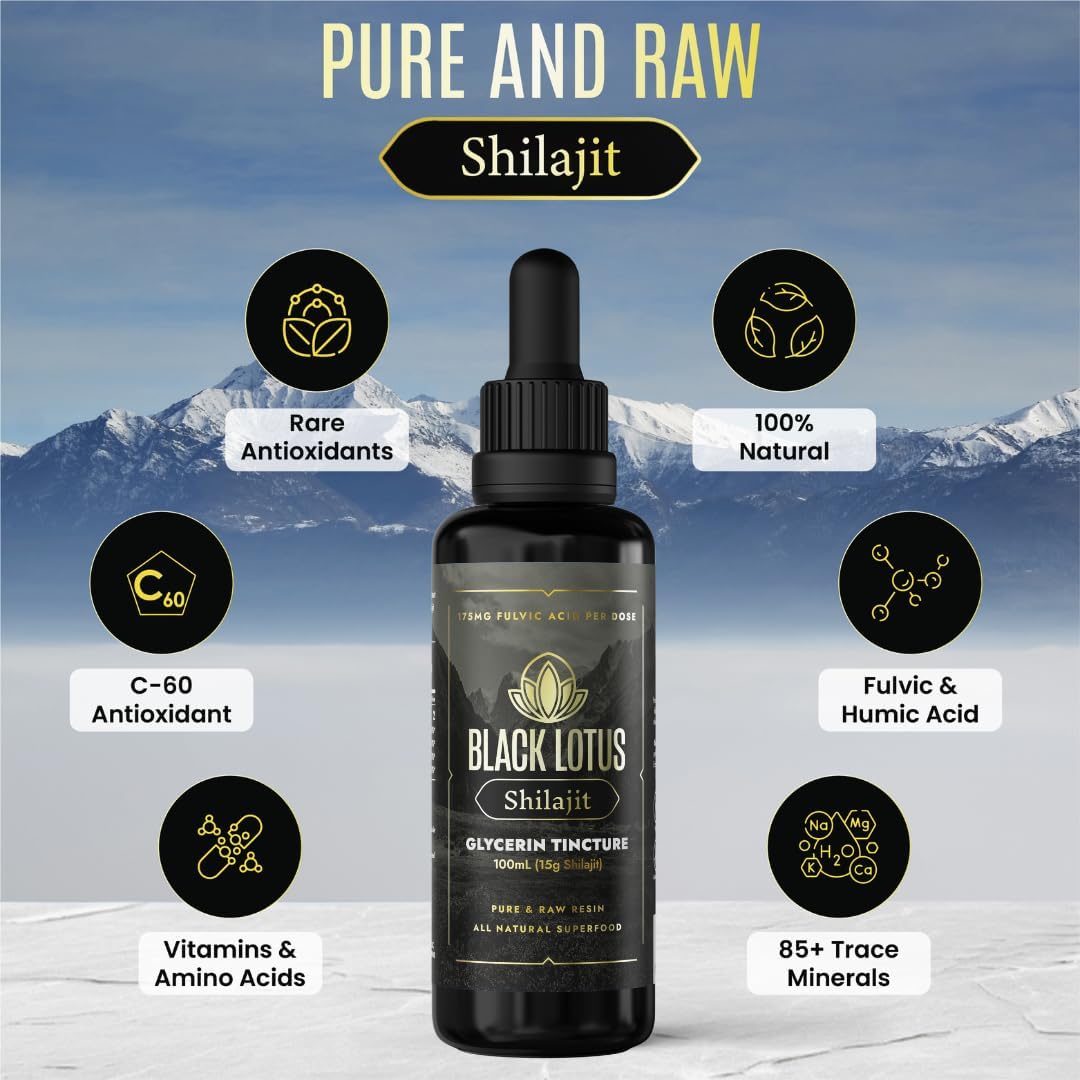 100% Pure Black Lotus Shilajit Resin Tincture - 100ml Liquid with Amino Acids, Fulvic Acid, Trace Minerals - Immune Support & Energy Boost for Men & Women