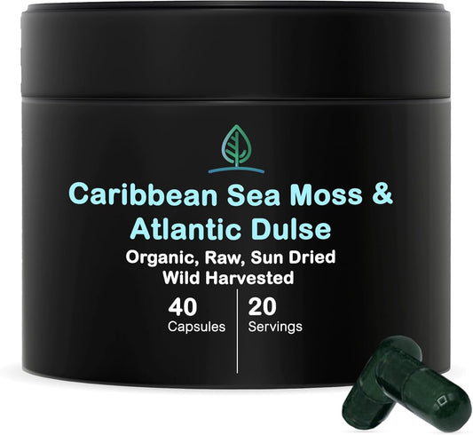 100% Pure Caribbean Sea Moss & Dulse Seaweed Capsules - Rich in Antioxidants, Minerals, Iodine - 40 Capsules
