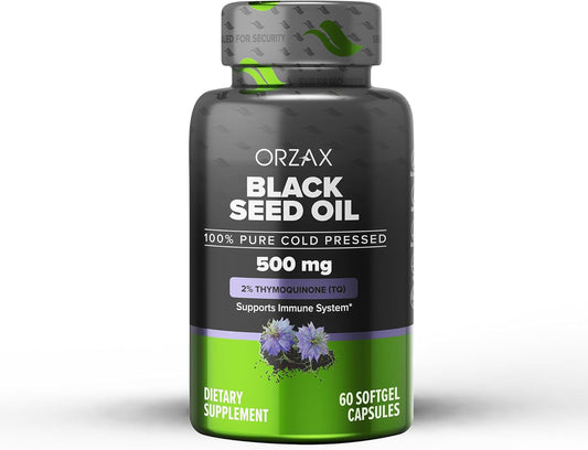100% Pure Cold Pressed Black Seed Oil Softgel Capsules - Rich in Omega 3 6 9 & Thymoquinone for Immune Support, Hair, Skin - Non-GMO Nigella Sativa Supplement (500 mg - 60 Capsules)