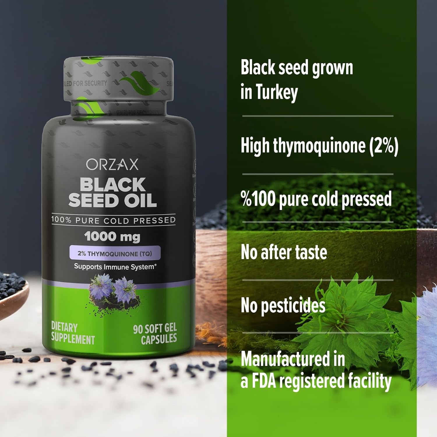 100% Pure Cold Pressed Black Seed Oil Softgel Capsules - Non-GMO Immune Support Supplement with Omega 3 6 9 & Thymoquinone for Hair, Skin, Face - 1000mg (90 Count)