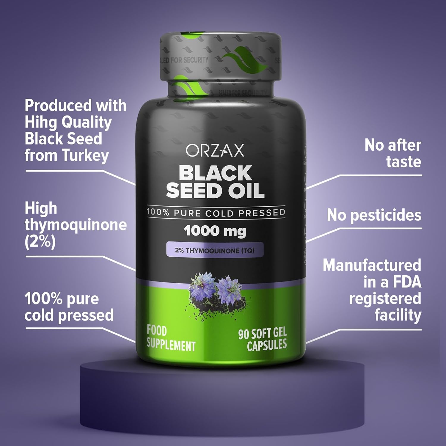100% Pure Cold Pressed Black Seed Oil Softgel Capsules - Non-GMO Immune Support Supplement with Omega 3 6 9 & Thymoquinone for Hair, Skin, Face - 1000mg (90 Count)