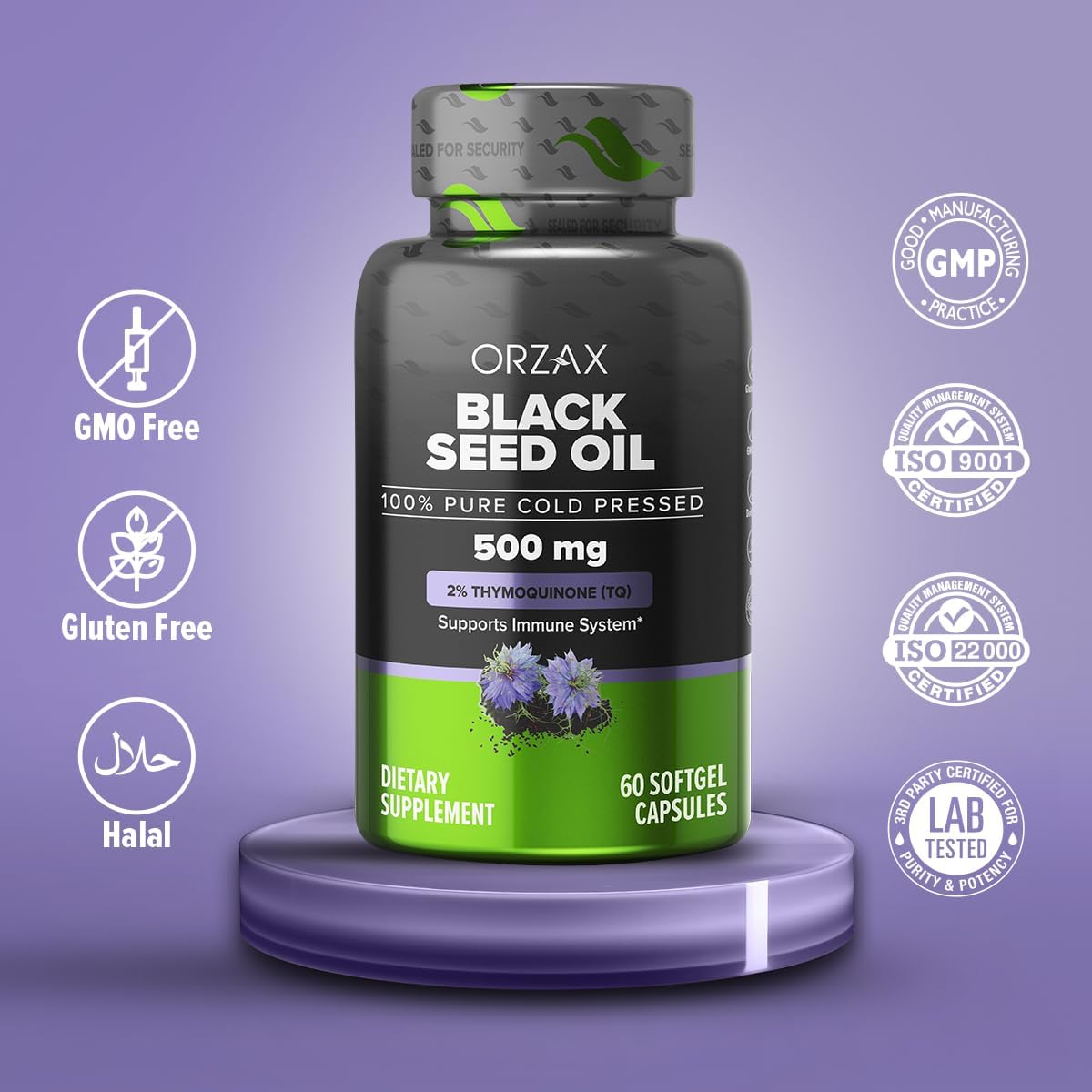 100% Pure Cold Pressed Black Seed Oil Softgel Capsules - Rich in Omega 3 6 9 & Thymoquinone for Immune Support, Hair, Skin - Non-GMO Nigella Sativa Supplement (500 mg - 60 Capsules)