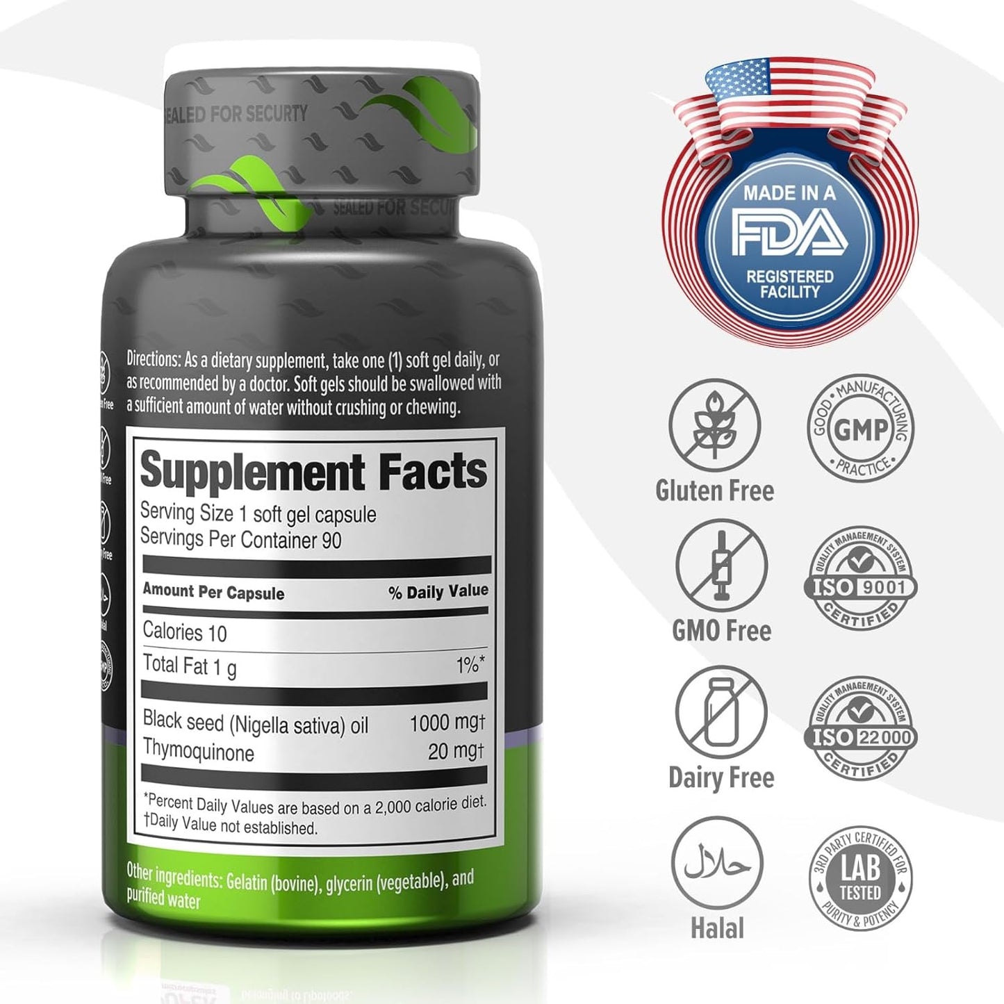 100% Pure Cold Pressed Black Seed Oil Softgel Capsules - Non-GMO Immune Support Supplement with Omega 3 6 9 & Thymoquinone for Hair, Skin, Face - 1000mg (90 Count)