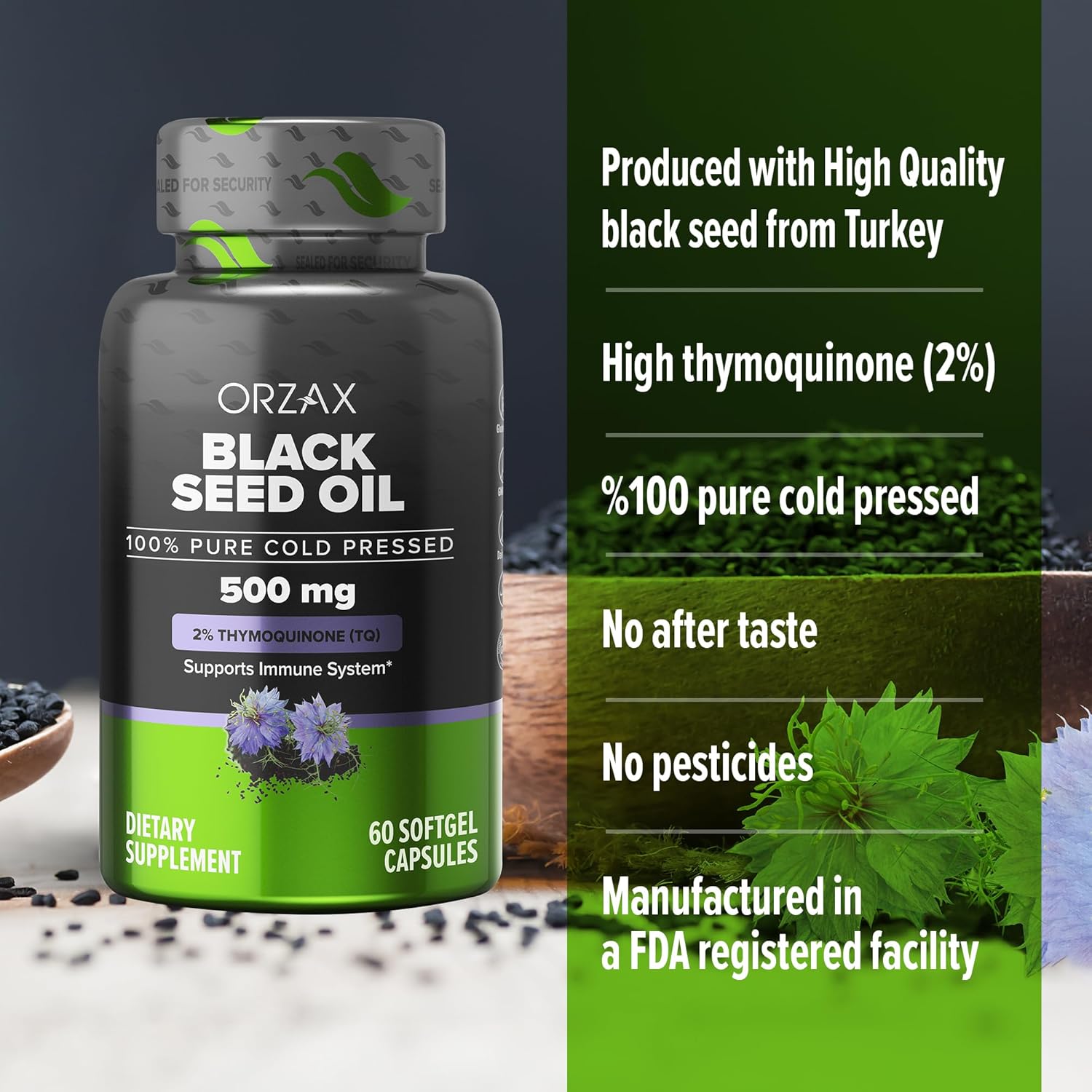 100% Pure Cold Pressed Black Seed Oil Softgel Capsules - Rich in Omega 3 6 9 & Thymoquinone for Immune Support, Hair, Skin - Non-GMO Nigella Sativa Supplement (500 mg - 60 Capsules)