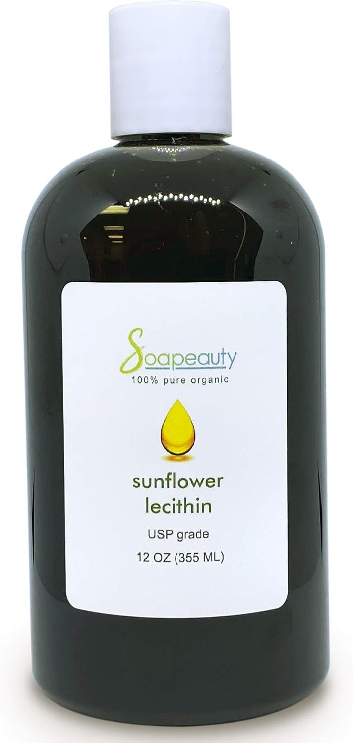 100% Pure Cold Pressed Sunflower Lecithin Liquid Oil for Skin Moisturizer, Soap Making, and Lotion - USP Grade Unbleached - Available in Various Sizes (12 oz)