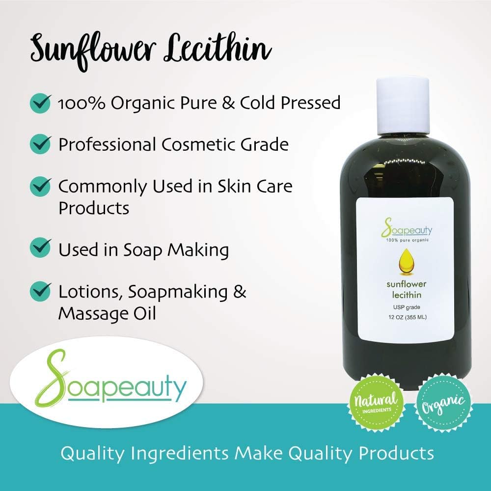 100% Pure Cold Pressed Sunflower Lecithin Liquid Oil for Skin Moisturizer, Soap Making, and Lotion - USP Grade Unbleached - Available in Various Sizes (12 oz)
