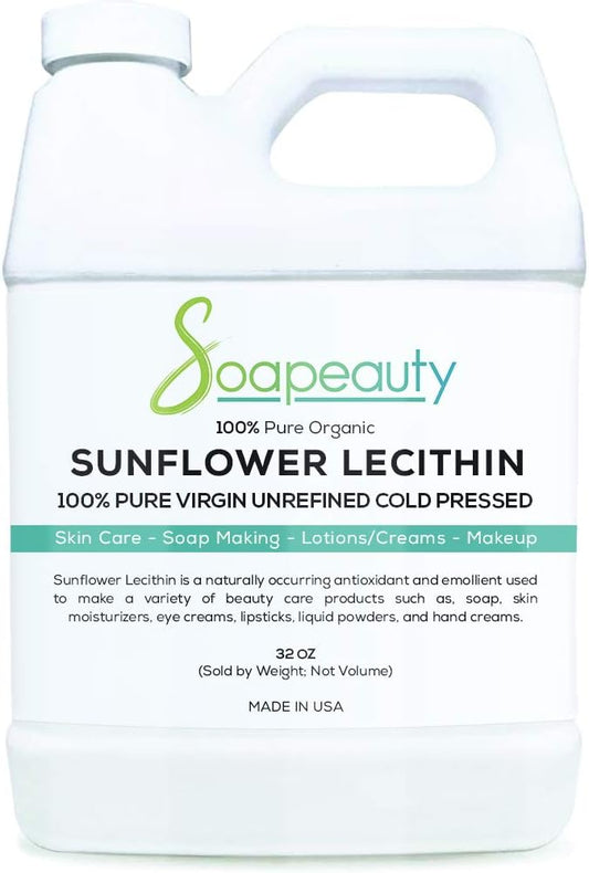 100% Pure Cold Pressed Sunflower Lecithin Oil for Skin Moisturizer, Soap Making, and Lotion - USP Grade Unbleached Liquid Oil in Various Sizes (32 oz)