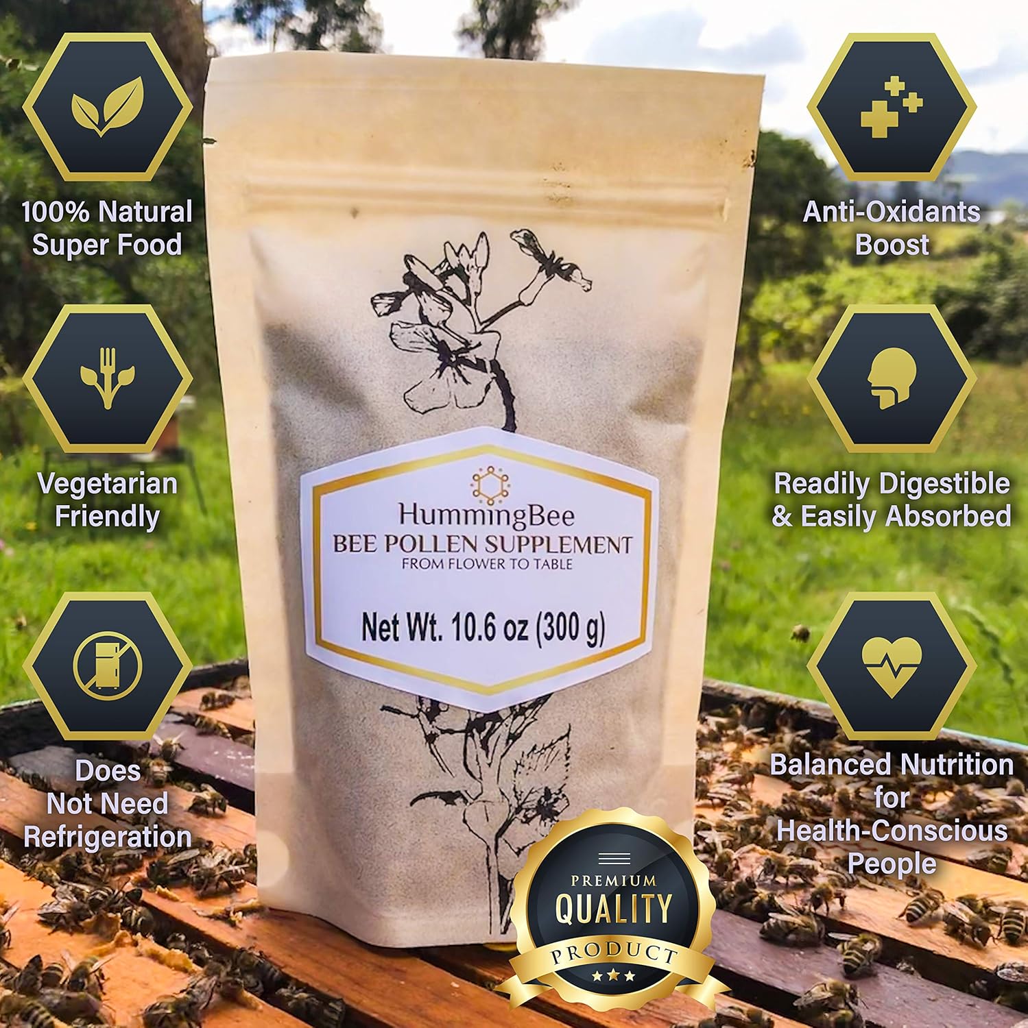 100% Pure HummingBee Bee Pollen Granules - Natural Superfood Powerhouse for Vitality - 10.6 Ounces