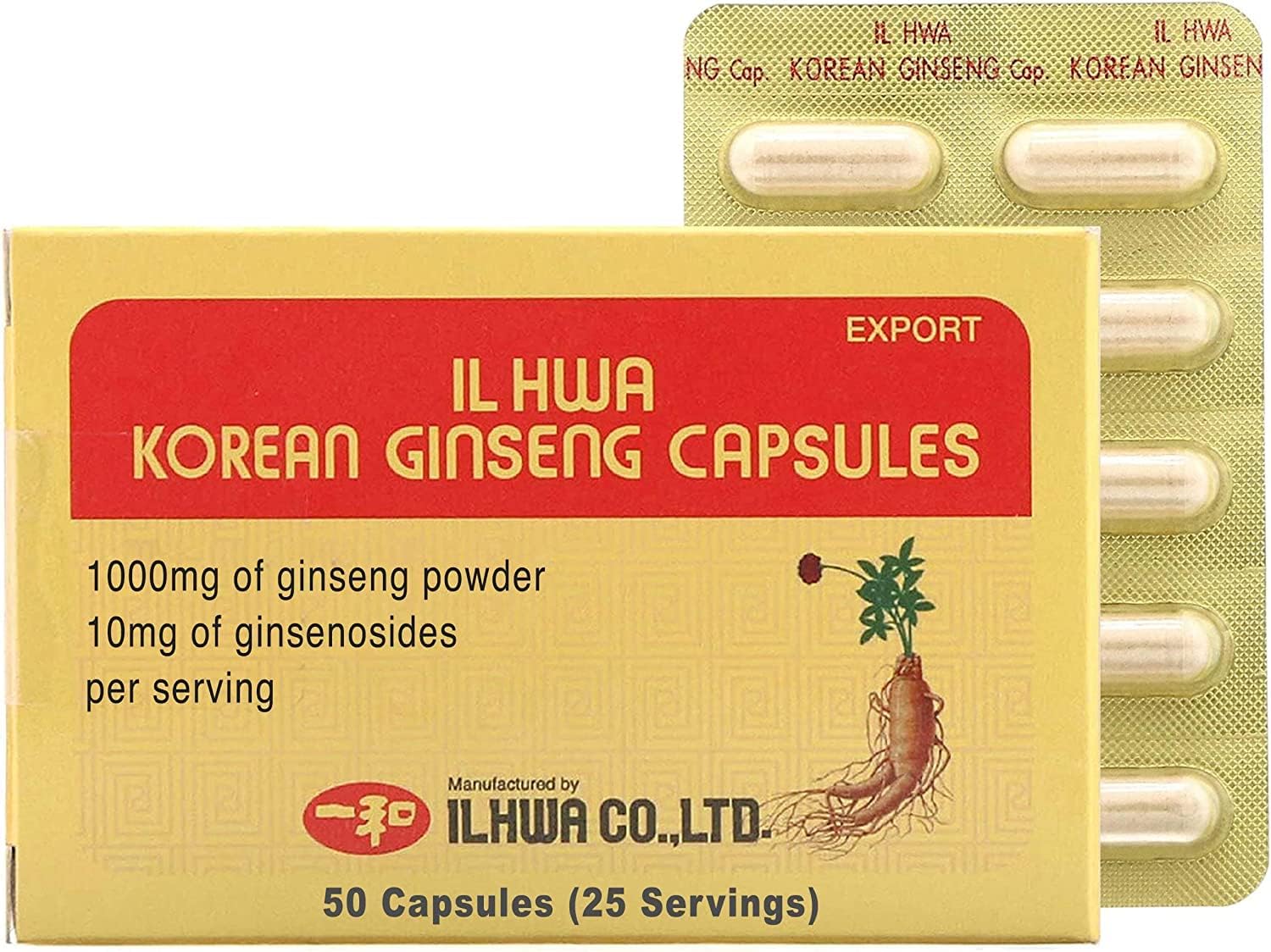 100% Pure Korean Panax Ginseng Capsules - 500mg (100 Capsules) with 10mg Ginsenoside per Serving