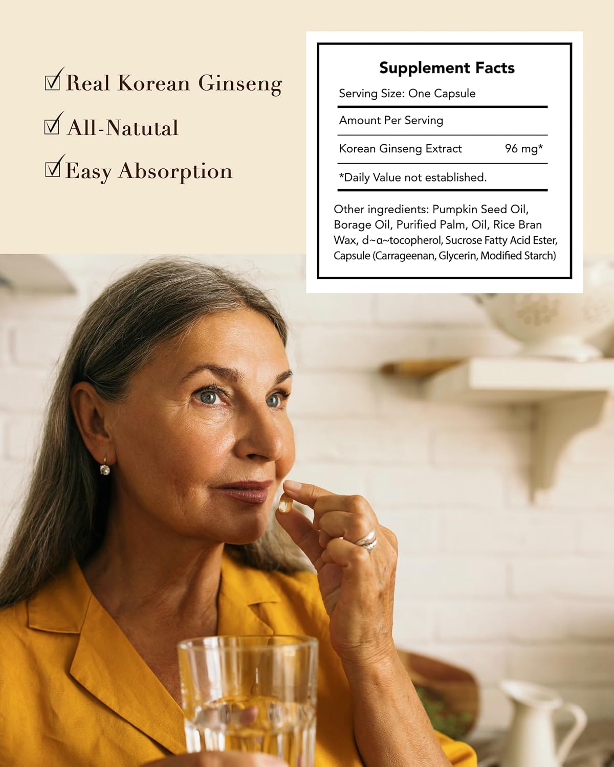 100% Pure Korean Panax Ginseng Capsules - 500mg (100 Capsules) with 10mg Ginsenoside per Serving