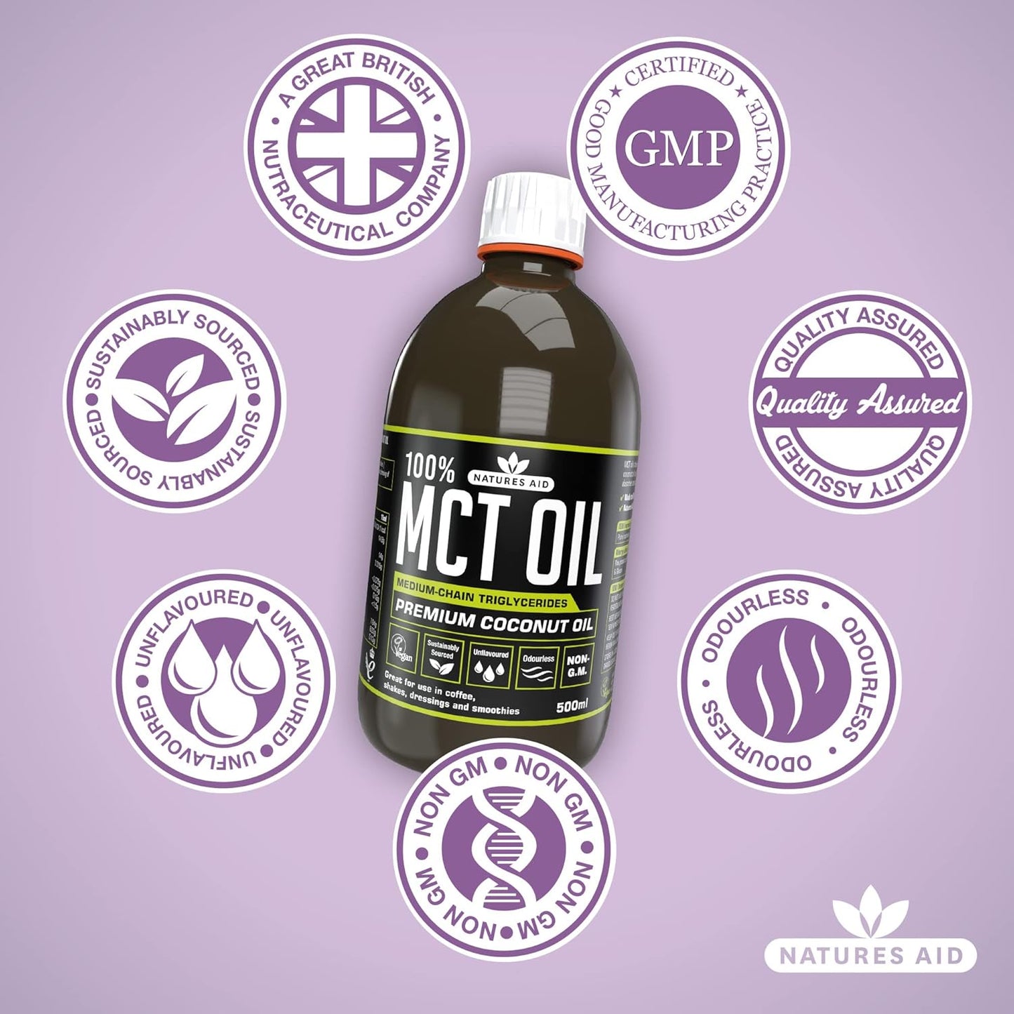 100% Pure MCT Oil by Natures Aid - 500 ML Bottle for Keto and Low-Carb Diets