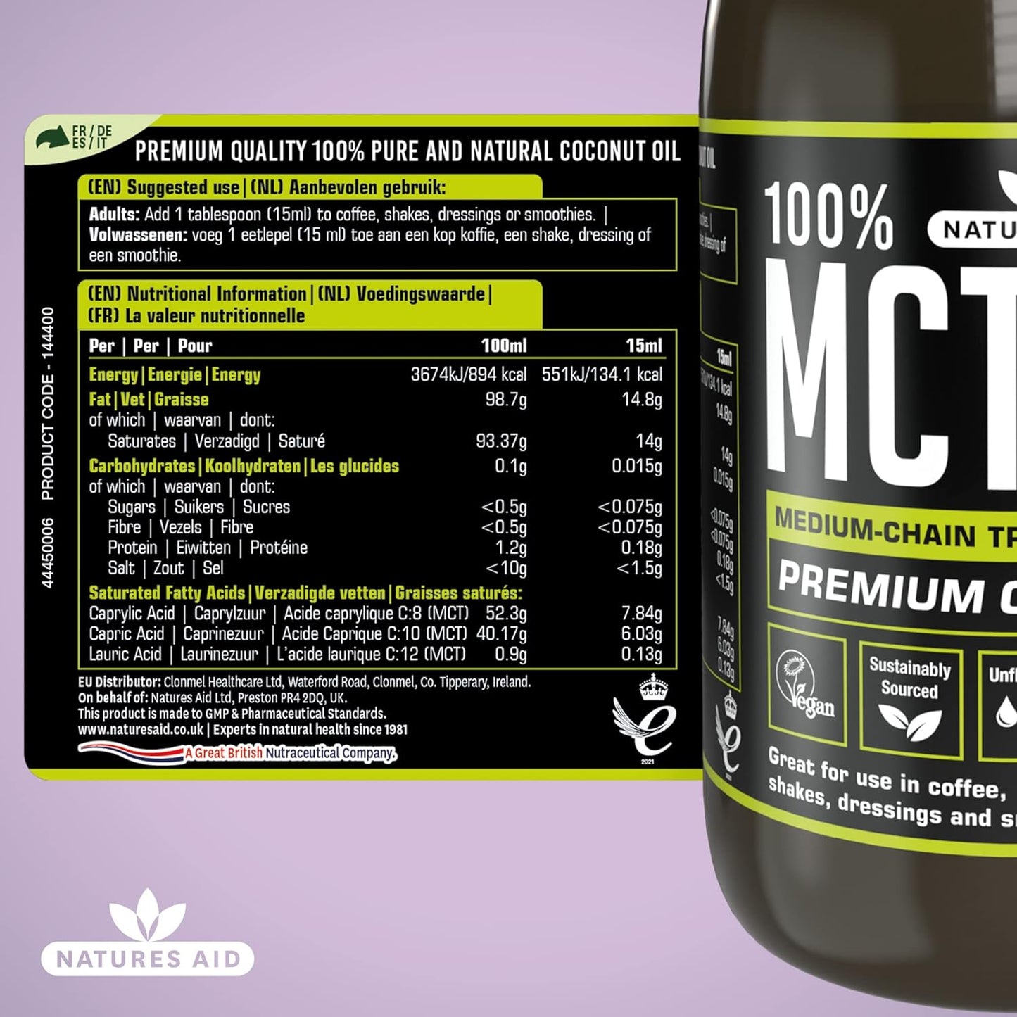 100% Pure MCT Oil by Natures Aid - 500 ML Bottle for Keto and Low-Carb Diets